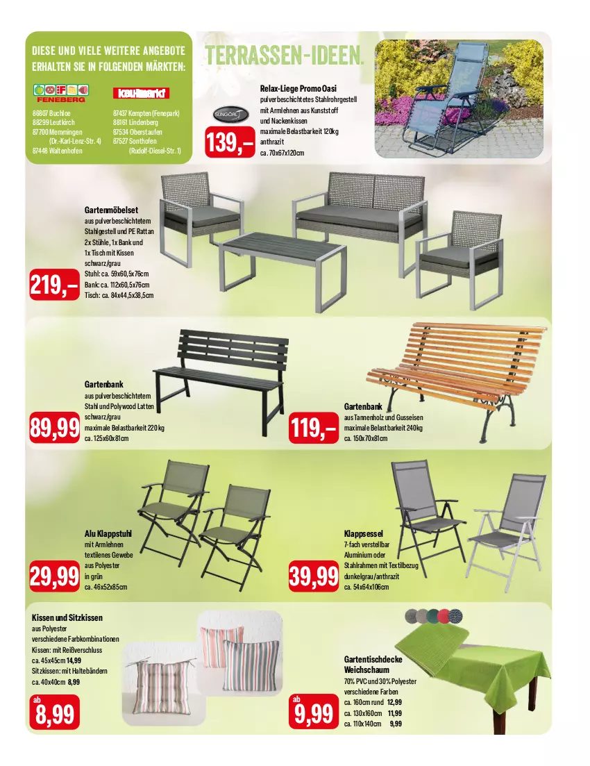 Aktueller Prospekt Feneberg - Prospekte - von 21.03 bis 23.03.2024 - strona 13 - produkty: angebot, angebote, armlehnen, Bank, buch, chloe, decke, Diesel, eis, emmi, Garten, gartenbank, gartenmöbel, gartentisch, Holz, kissen, klappsessel, klappstuhl, latte, LG, Liege, möbel, nackenkissen, Ofen, rel, sessel, sitzkissen, Stühl, stuhl, Ti, tisch, tischdecke