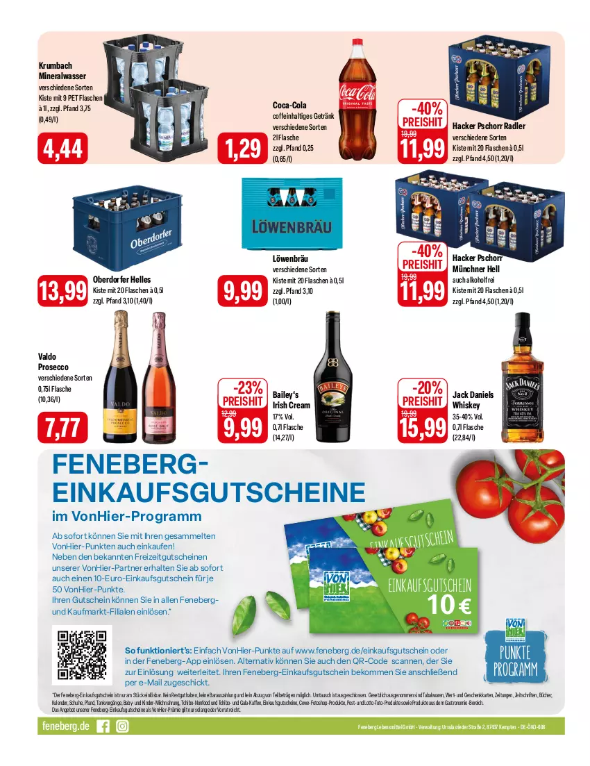 Aktueller Prospekt Feneberg - Prospekte - von 21.03 bis 23.03.2024 - strona 16 - produkty: alkohol, Alwa, angebot, beko, cewe, coca-cola, coffein, cola, ecco, eis, elle, flasche, getränk, gutschein, gutscheine, hacker pschorr, irish cream, jack daniel, jack daniels, kaffee, Kinder, krumbach, lebensmittel, milch, mineralwasser, prosecco, radler, reis, rum, schuhe, Tchibo, Ti, valdo, wasser, whiskey