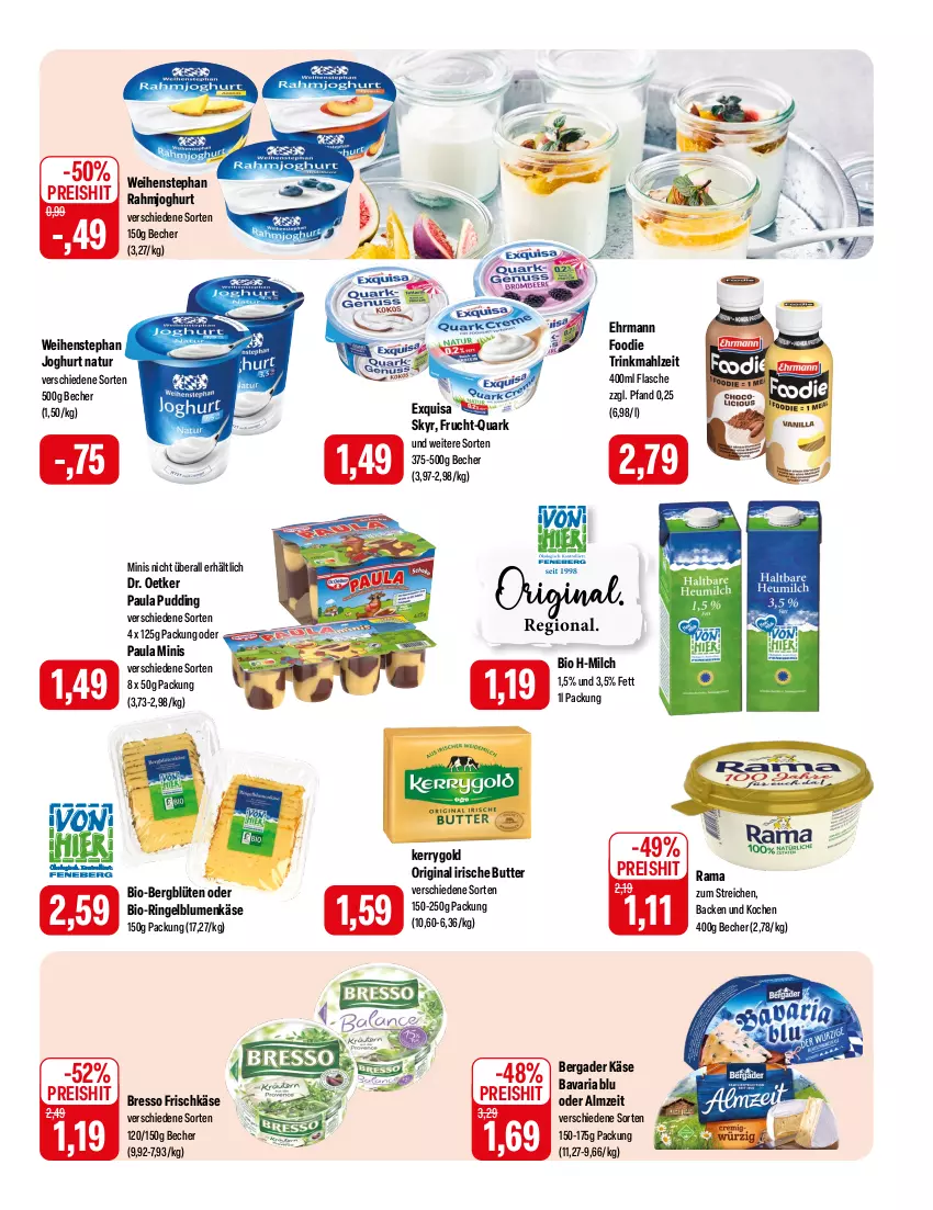 Aktueller Prospekt Feneberg - Prospekte - von 21.03 bis 23.03.2024 - strona 7 - produkty: bavaria blu, Becher, bergader, bio, blume, blumen, Blüte, bresso, butter, Dr. Oetker, ehrmann, eis, exquisa, flasche, frischkäse, frucht, gin, irische butter, joghur, joghurt, Käse, kerrygold, milch, natur, Paula, paula pudding, pudding, quark, rahmjoghurt, rama, reis, Ria, ring, Skyr, weihenstephan