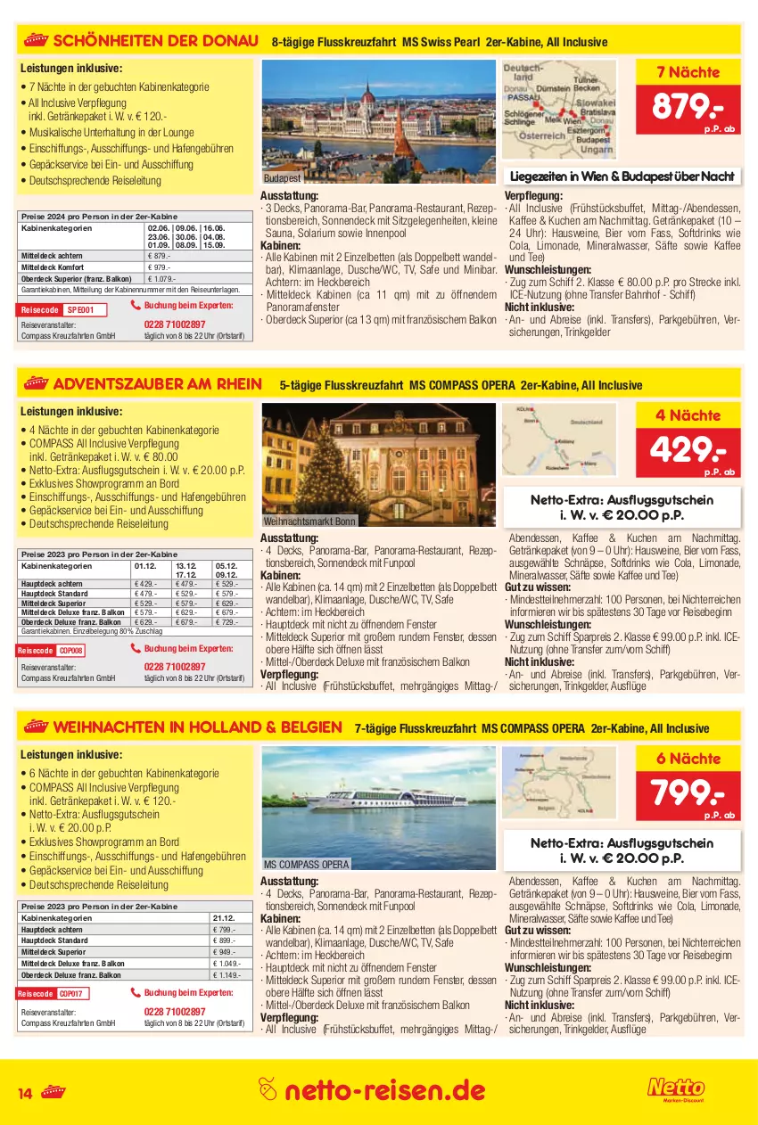 Aktueller Prospekt Netto Marken-Discount - Reise-Angebote November - von 26.10 bis 30.11.2023 - strona 14 - produkty: Alwa, bett, Betten, bier, Brei, buch, cola, drink, drinks, dusche, eis, erde, fenster, getränk, getränke, gin, gutschein, innenpool, kaffee, kreuzfahrten, kuchen, leine, LG, Liege, limo, limonade, mineralwasser, pool, rama, reis, reiseveranstalter, rezept, säfte, tee, Ti, uhr, wasser, weihnachten, wein, weine