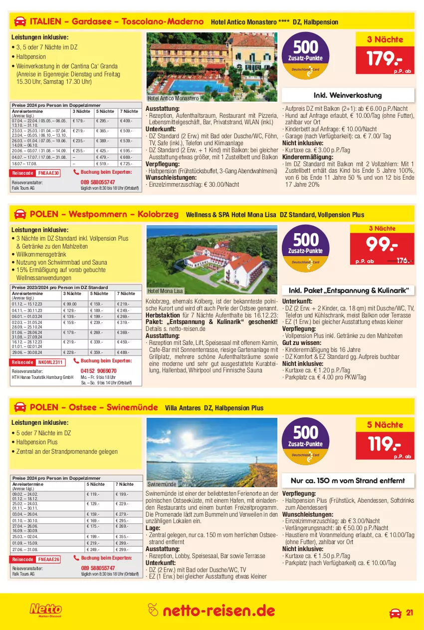 Aktueller Prospekt Netto Marken-Discount - Reise-Angebote November - von 26.10 bis 30.11.2023 - strona 21 - produkty: Abtei, anreisetermine, aust, axe, Bad, bett, buch, cola, drink, drinks, dusche, eis, ente, Garten, getränk, getränke, grill, Kamin, Kinder, Kinderbett, kühlschrank, kurtaxe, lebensmittel, leine, LG, Mode, pool, reis, reiseveranstalter, rezept, Ria, rwe, Schrank, Stier, telefon, Ti, Tiere, uhr, wein, Whirlpool