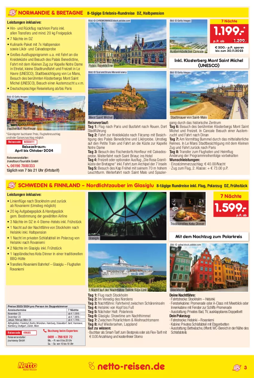 Aktueller Prospekt Netto Marken-Discount - Reise-Angebote November - von 26.10 bis 30.11.2023 - strona 3 - produkty: Abtei, anreisetermine, auer, aust, Austern, Bad, bestpreis, bett, Betten, bettwäsche, brie, buch, deutschsprachige reiseleitung, eier, eis, elle, Etagenbett, fenster, fisch, fische, Fischer, Kreide, leine, LG, likör, orange, pril, reis, reiseveranstalter, reiseverlauf, rum, Ti, trendtours touristik gmbh, uhr