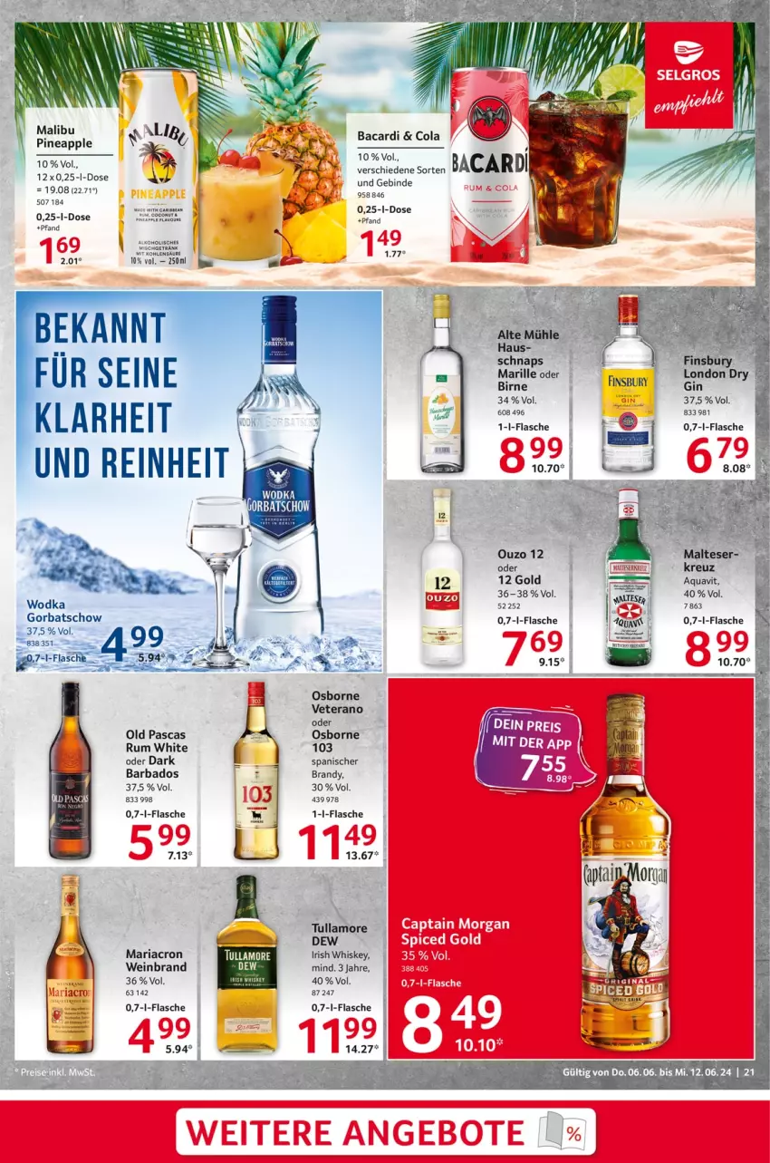 Aktueller Prospekt Selgros - Food - von 06.06 bis 12.06.2024 - strona 21 - produkty: alkohol, Apple, aqua, aquavit, bacardi, Bad, cola, erde, flasche, Gorbatschow, irish whiskey, Malibu, malteser, mariacron, osborne, ouzo, ouzo 12, Ria, rum, tee, Ti, veterano, wein, weinbrand, whiskey