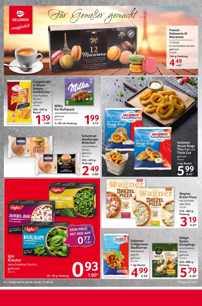 Aktueller Prospekt Selgros - Food - von 06.06 bis 12.06.2024 - strona 6 - produkty: apfel, beutel, brezel, brötchen, eis, elle, Goldstücke, grill, Käse, LG, mac, Macarons, milka, pizza, ring, salomon, schinken, Ti, wagner, Yo