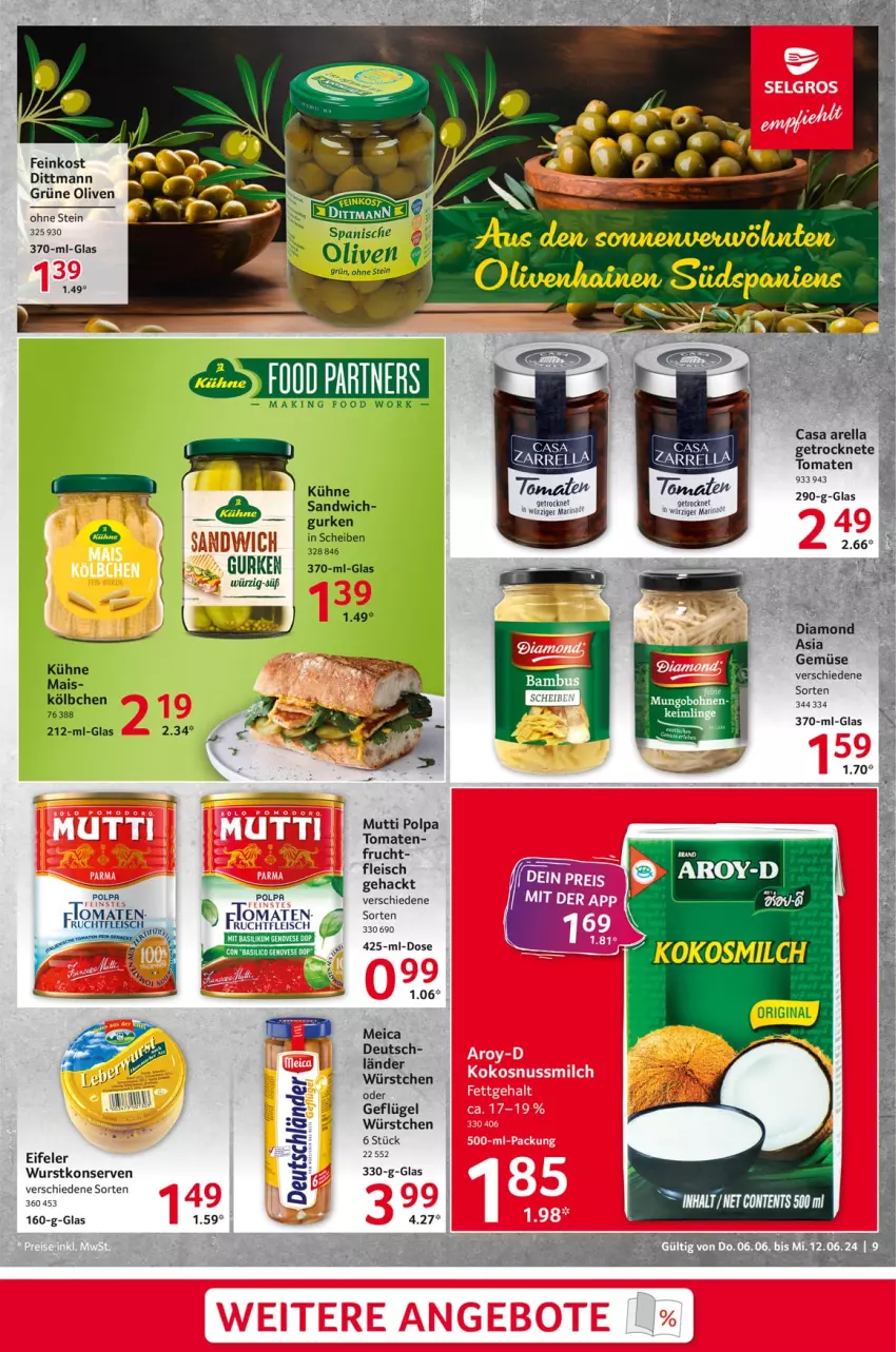 Aktueller Prospekt Selgros - Food - von 06.06 bis 12.06.2024 - strona 9 - produkty: basilico, dittmann, eis, feinkost, fleisch, frucht, Geflügel, Getrocknete Tomaten, grüne oliven, gurke, gurken, Konserven, Kühne, mais, meica, Mutti, olive, oliven, rel, rind, sandwich, Ti, tomate, tomaten, wurst, würstchen, wurstkonserven