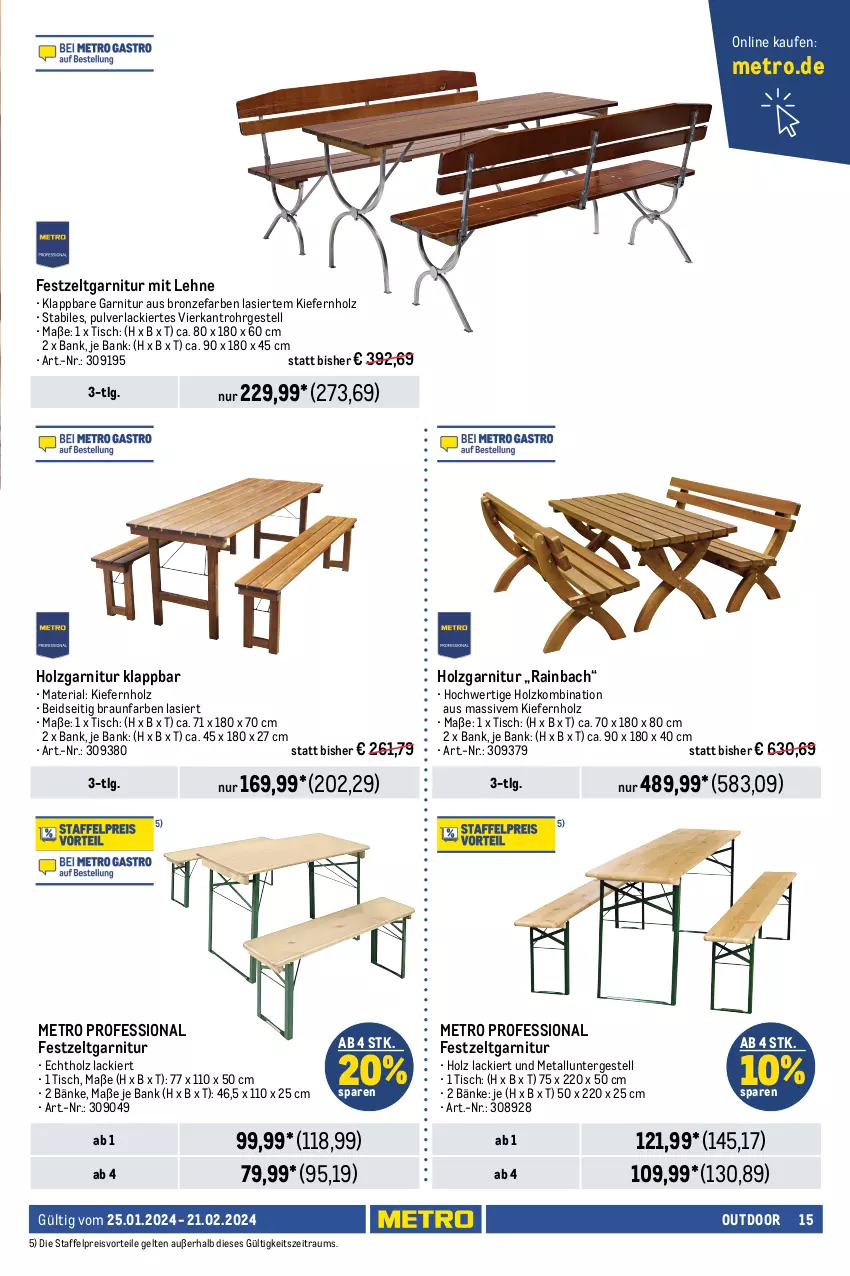 Aktueller Prospekt Metro - Outdoor Spezial - von 25.01 bis 21.02.2024 - strona 15 - produkty: Bank, bier, braun, eis, garnitur, Garten, gartensessel, gartenstuhl, gartentisch, Holz, HP, lack, latte, LG, Metro, preisvorteil, reis, Ria, rückenlehne, sessel, stuhl, Ti, tisch, tischplatte, Zelt