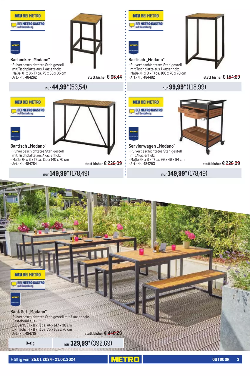 Aktueller Prospekt Metro - Outdoor Spezial - von 25.01 bis 21.02.2024 - strona 3 - produkty: aluminiumgestell, armlehnen, Bank, barhocker, Bartisch, eis, hocker, Holz, HP, latte, LG, Metro, preisvorteil, reis, rückenlehne, Servierwagen, sessel, stapelsessel, stapelstuhl, stuhl, Ti, tisch, tischplatte