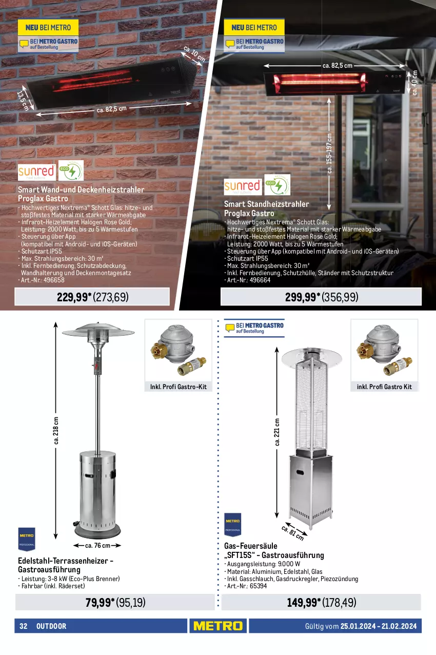 Aktueller Prospekt Metro - Outdoor Spezial - von 25.01 bis 21.02.2024 - strona 32 - produkty: decke, edelstahl, eis, Elektro, elle, fernbedienung, Kette, Ria, schlauch, schott, schutzhülle, Ti, timer, tisch, überhitzungsschutz, wandhalterung