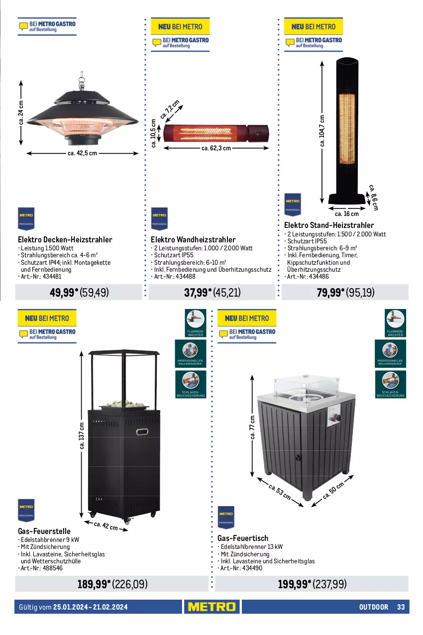 Aktueller Prospekt Metro - Outdoor Spezial - von 25.01 bis 21.02.2024 - strona 33 - produkty: decke, edelstahl, eis, Elektro, elle, fernbedienung, Kette, Ria, schlauch, schott, schutzhülle, Ti, timer, tisch, überhitzungsschutz, wandhalterung