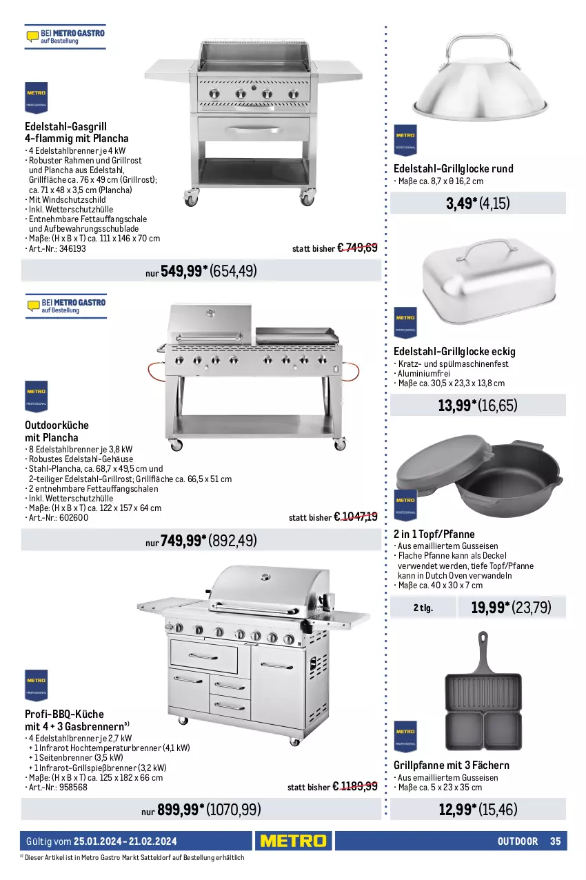 Aktueller Prospekt Metro - Outdoor Spezial - von 25.01 bis 21.02.2024 - strona 35 - produkty: braten, bürste, decke, Deckel, edelstahl, eis, erde, gasgrill, grill, grillfläche, Grillpfanne, grillrost, Holz, korb, küche, lamm, LG, Metro, metro gastro, pfanne, Rippen, rwe, sattel, Schal, Schale, schutzhülle, Schutzschild, spülmaschinen, Ti, tisch, topf, Windschutz