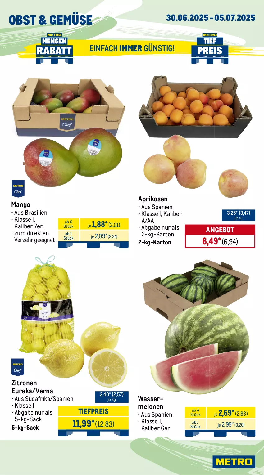 Aktueller Prospekt Metro - Wochen-Angebote Gastro - von 30.06 bis 05.07.2025 - strona 7 - produkty: angebot, aprikose, aprikosen, Becher, beutel, Dorade, dorade royal, eis, fisch, fische, garnelen, lachs, mango, melone, melonen, Metro, obst, Räucherlachs, reis, sac, Schal, Schale, Ti, tiefpreis, Waage, wasser, wassermelone, wassermelonen, zitrone, zitronen