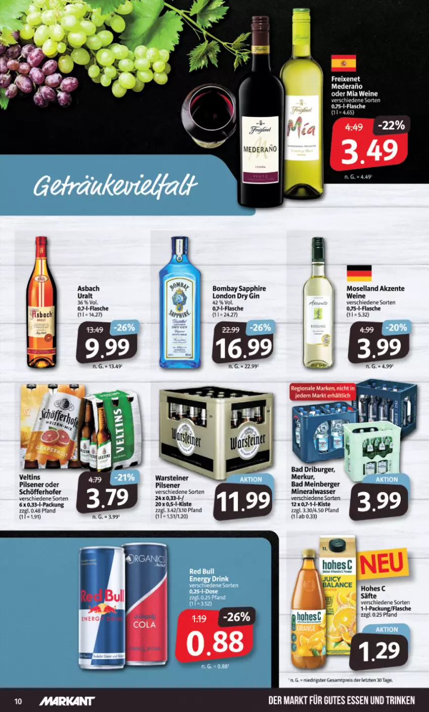 Aktueller Prospekt Markant - Prospekte - von 31.07 bis 05.08.2023 - strona 10 - produkty: Alwa, Bad, Berger, bombay sapphire, burger, dry gin, eis, ente, flasche, gin, gutes essen, london dry, london dry gin, mineralwasser, moselland, pils, pilsener, reis, säfte, sapphire, schöfferhofer, steiner, Ti, veltins, warsteiner, wasser, wein, weine, ZTE