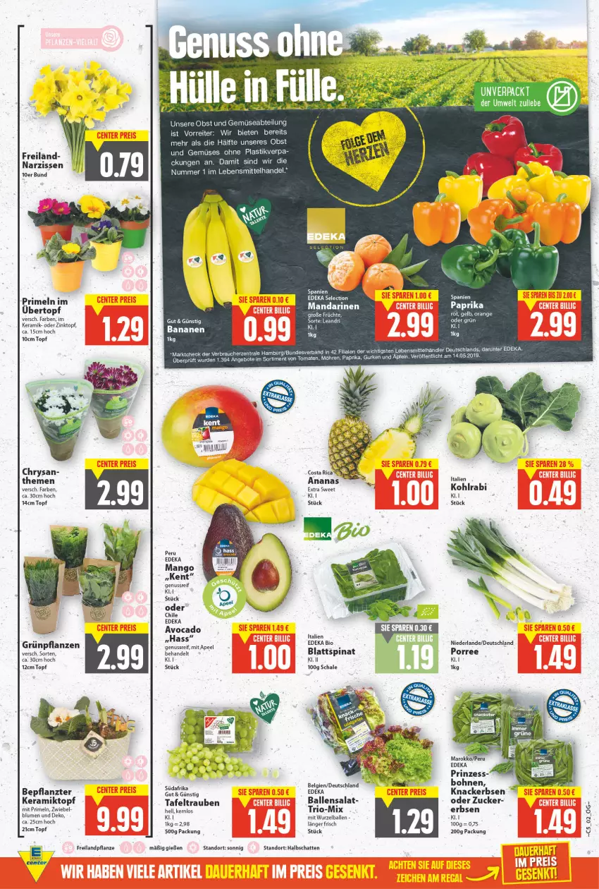 Aktueller Prospekt E Center - Angebote der Woche - von 31.01 bis 05.02.2022 - strona 2 - produkty: Abtei, ananas, angebot, angebote, asti, auer, avocado, ball, bio, blattspinat, blume, blumen, bohne, bohnen, deka, edeka bio, erbsen, früchte, Grünpflanzen, gurke, gurken, knacker, lebensmittel, LG, mandarine, mandarinen, mango, möhren, Narzissen, nuss, obst, Obst und Gemüse, orange, paprika, pflanze, pflanzen, Primeln, salat, Schal, Schale, spinat, tafeltrauben, Ti, topf, trauben, und gemüse, zucker, zwiebel