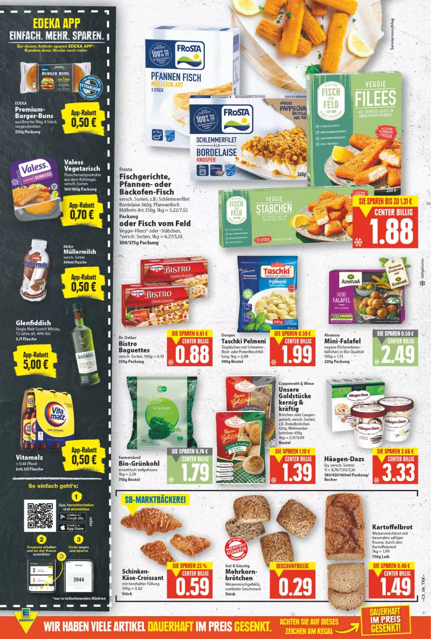 Aktueller Prospekt E Center - Angebote der Woche - von 31.01 bis 05.02.2022 - strona 6 - produkty: aus dem kühlregal, backofen, baguette, baguettes, Becher, beutel, bio, bordelaise, brot, brötchen, burger, burger buns, coppenrath, coupon, coupons, Croissant, deka, dinkelbrötchen, dovgan, Dr. Oetker, eis, Elan, elle, erbsen, Falafel, filet, fisch, flasche, fleisch, frosta, Goldstücke, google play, häagen-dazs, kartoffel, Kartoffelbrot, Käse, kichererbsen, korn, kühlregal, mac, malz, Meister, milch, Müller, müllermilch, natur, natura, Ofen, pelmeni, pfanne, pfannen, pute, Putenfleisch, regal, rind, rum, saft, schinken, schlemmerfilet, schnitten, schwein, schweine, scotch, scotch whisky, single malt, taschki, Ti, Vegeta, veggie, vita, vitamalz, wein, weine, weizenmischbrot, whisky