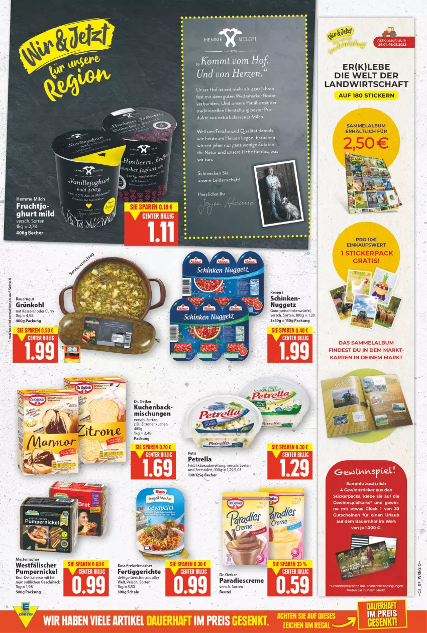 Aktueller Prospekt E Center - Angebote der Woche - von 31.01 bis 05.02.2022 - strona 7 - produkty: auer, Bau, Bauer, bauerngut, Becher, beutel, brot, creme, curry, Dr. Oetker, droetker, elle, fertiggericht, fertiggerichte, frischkäse, frischkäsezubereitung, Käse, kasseler, kuchen, mac, mestemacher, milch, natur, petrella, Pumpernickel, Rauch, reinert, rel, Schal, Schale, schinken, Ti, würfel, zitrone, zitronen