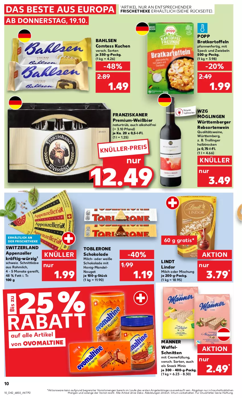 Aktueller Prospekt Kaufland - Prospekt - von 19.10 bis 25.10.2023 - strona 10 - produkty: alkohol, angebot, appenzeller, bahlsen, Berger, bier, comtess, comtess kuchen, creme, eis, elle, franziskaner, honig, kartoffel, kartoffeln, Käse, kuchen, lindor, lindt, mandel, mandeln, Manner, milch, natur, ovomaltine, pfanne, pfannen, Popp, qualitätswein, qualitätsweine, rotwein, schnitten, schnittkäse, schoko, schokolade, snack, Speck, Ti, toblerone, trolli, trollinger, Waffelschnitte, wein, weine, Weiße Schokolade, ZTE, zwiebel, zwiebeln