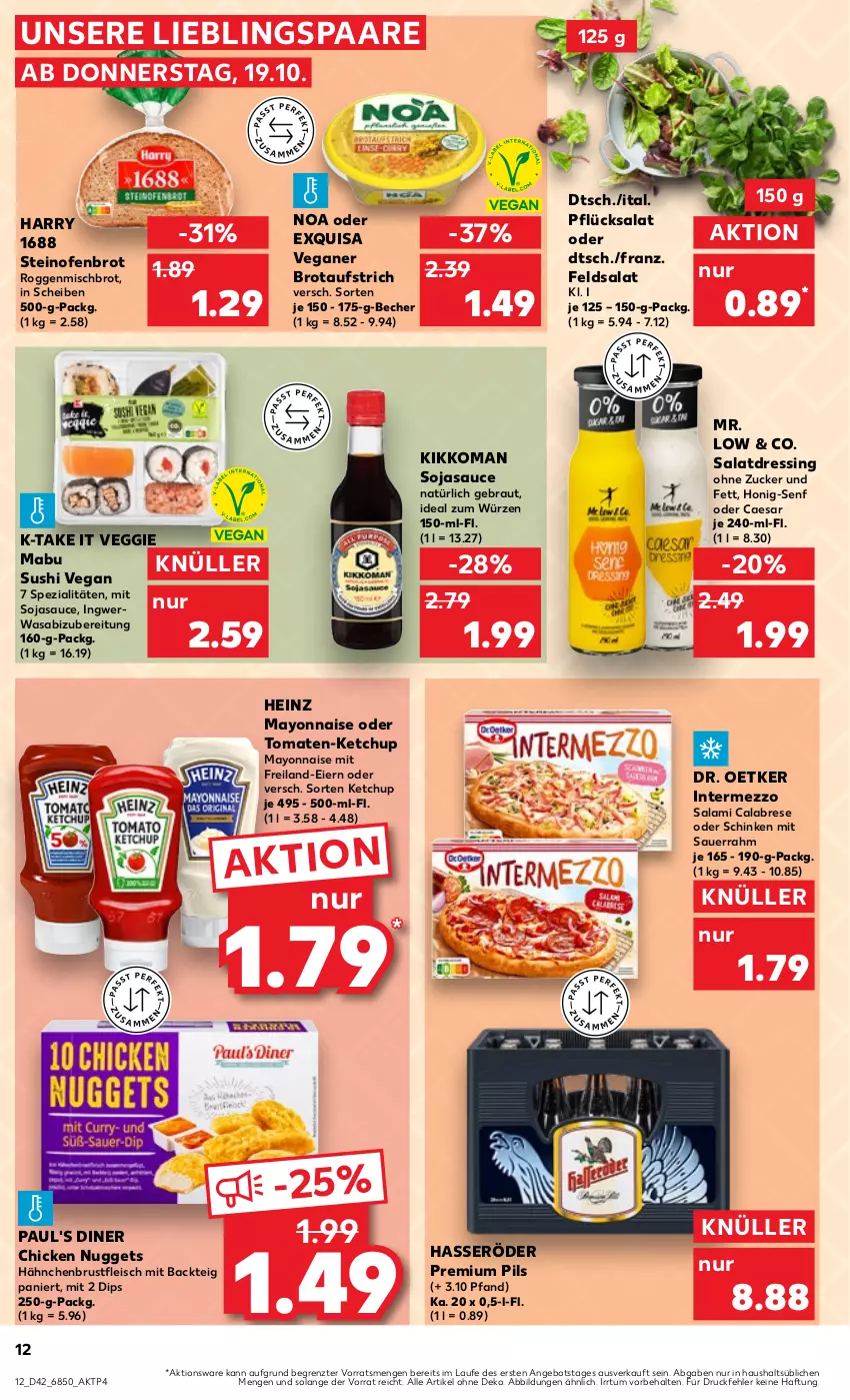 Aktueller Prospekt Kaufland - Prospekt - von 19.10 bis 25.10.2023 - strona 12 - produkty: angebot, auer, aufstrich, Becher, brot, brotaufstrich, chicken nuggets, dip, Dr. Oetker, dressing, eier, eis, exquisa, feldsalat, fleisch, hähnchenbrust, hasseröder, heinz, honig, Honig-Senf, ingwer, intermezzo, ketchup, kikkoman, mab, mayonnaise, nuggets, Ofen, pils, premium pils, salami, salat, salatdressing, sauce, Sauerrahm, schinken, senf, soja, sojasauce, Spezi, steinofen, Sushi, Ti, tomate, tomaten, veggie, wasa, Yo, ZTE, zucker