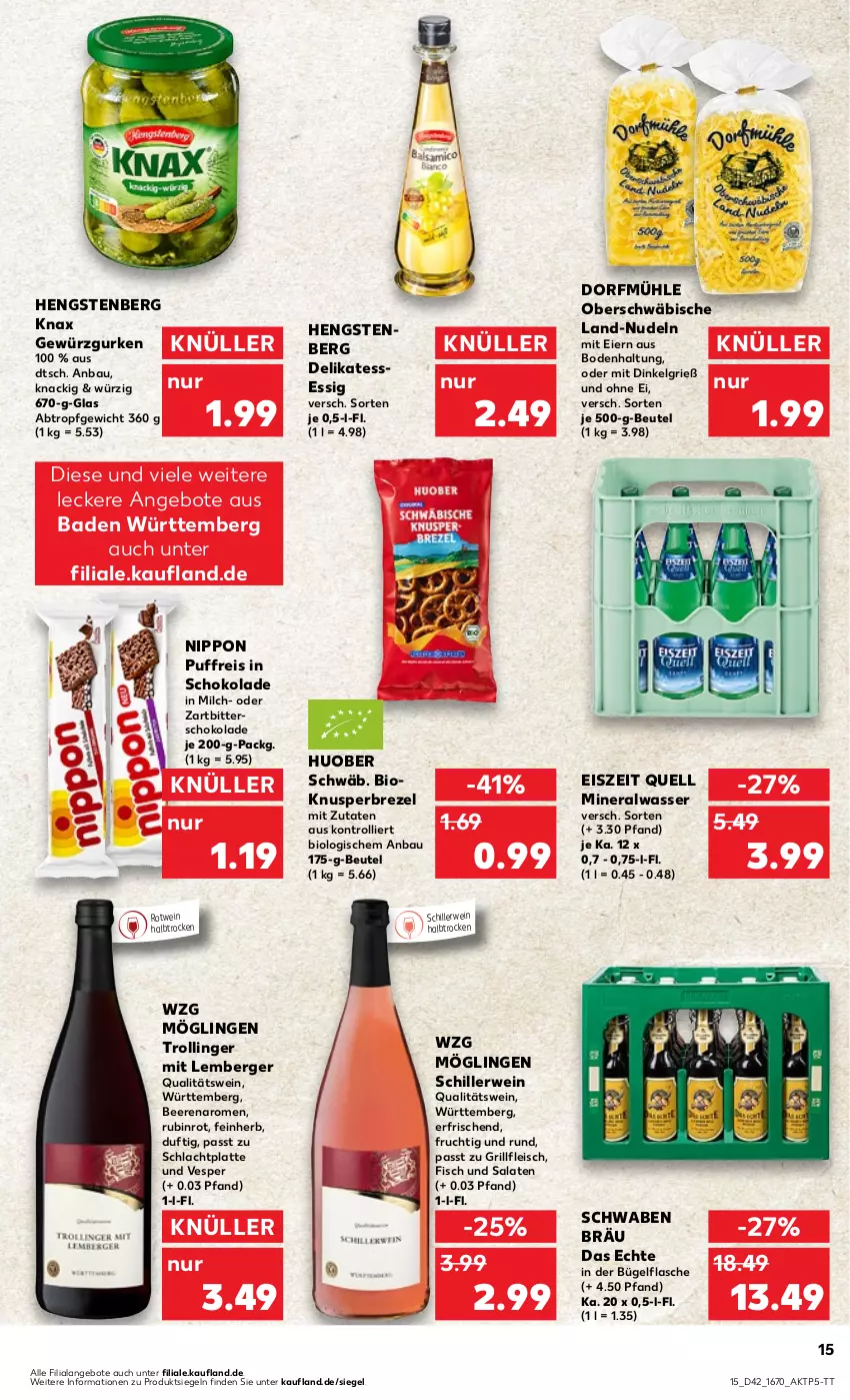 Aktueller Prospekt Kaufland - Prospekt - von 19.10 bis 25.10.2023 - strona 15 - produkty: Alwa, angebot, angebote, Bad, Bau, beere, beeren, Berger, beutel, bio, brezel, bügel, bügelflasche, eier, eis, essig, fisch, flasche, fleisch, frucht, gewürz, Gewürzgurke, gewürzgurken, grill, gurke, gurken, hengstenberg, huober, latte, LG, milch, mineralwasser, nippon, nudel, nudeln, qualitätswein, reis, rotwein, Rubin, rwe, salat, salate, schoko, schokolade, Ti, trolli, trollinger, wasser, wein