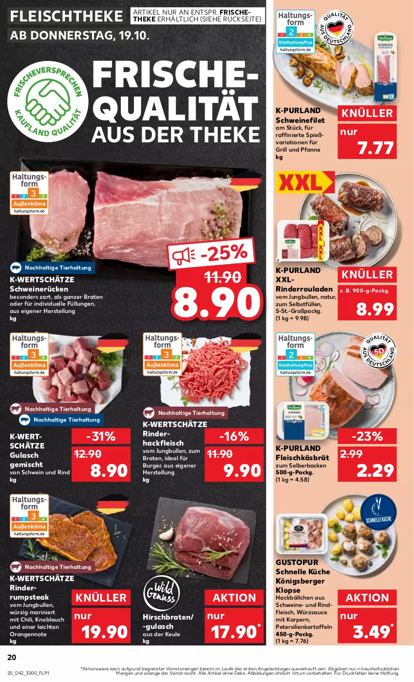 Aktueller Prospekt Kaufland - Prospekt - von 19.10 bis 25.10.2023 - strona 20 - produkty: angebot, Berger, braten, burger, chili, eis, elle, filet, fleisch, für grill und pfanne, grill, grill und pfanne, gulasch, hackfleisch, jungbullen, kartoffel, kartoffeln, knoblauch, Königsberger Klopse, küche, natur, orange, orangen, petersilie, pfanne, purland, Ria, rind, rinder, rinderhackfleisch, Rinderroulade, rinderrouladen, rindfleisch, rouladen, rum, rumpsteak, sauce, schwein, schwein und rind, schweine, schweinefilet, schweinerücken, steak, Ti, und pfanne, wein, weine, würzsauce, ZTE