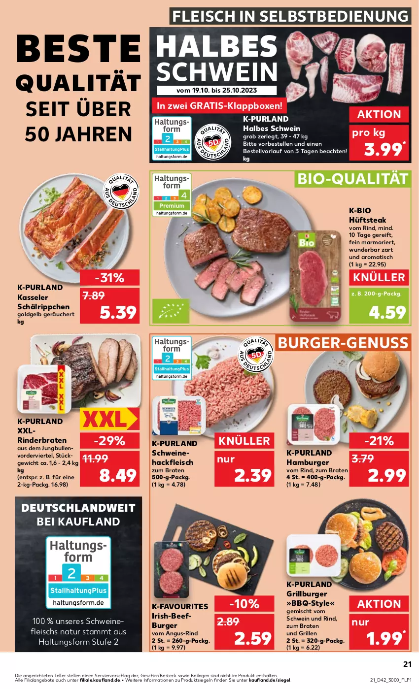 Aktueller Prospekt Kaufland - Prospekt - von 19.10 bis 25.10.2023 - strona 21 - produkty: angebot, angebote, beef, besteck, bio, braten, burger, eis, elle, fleisch, fleisch in selbstbedienung, geschirr, grill, hackfleisch, hamburger, hüftsteak, ilag, jungbullen, kasseler, Klappbox, natur, nuss, purland, rind, rinder, rinderbraten, schwein, schwein und rind, schweine, schweinefleisch, Schweinehackfleisch, steak, teller, Ti, tisch, vom schwein und rind, wein, weine