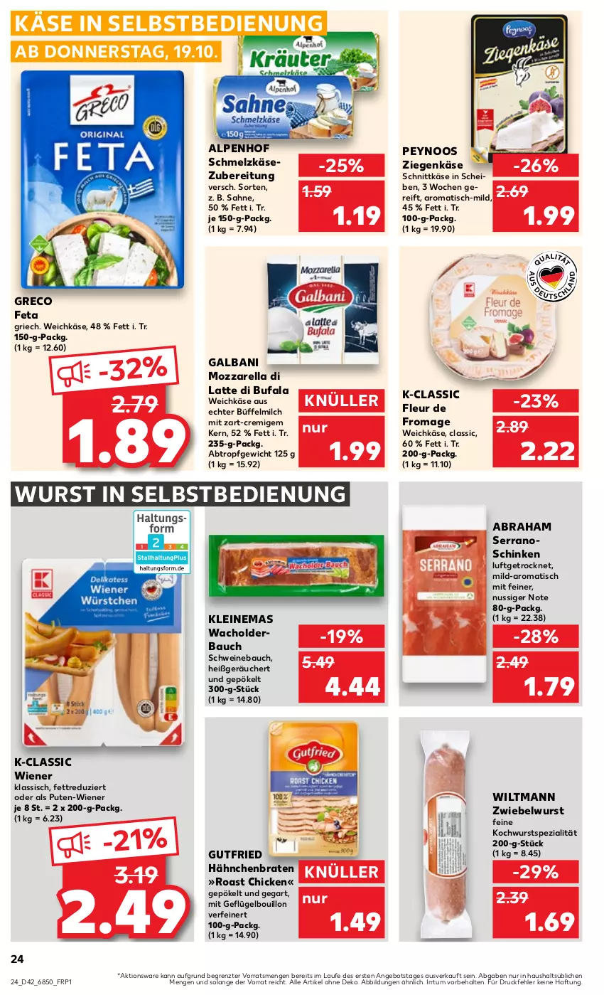 Aktueller Prospekt Kaufland - Prospekt - von 19.10 bis 25.10.2023 - strona 24 - produkty: angebot, Bau, braten, di bufala, feta, galbani, Geflügel, gutfried, Käse, latte, leine, milch, mozzarella, nuss, pute, rel, sahne, schinken, Schmelzkäse, schmelzkäsezubereitung, schnittkäse, schwein, schweine, Schweinebauch, serrano, Spezi, Ti, tisch, weichkäse, wein, weine, wiener, wiltmann, wurst, wurst in selbstbedienung, ziegenkäse, ZTE, zwiebel