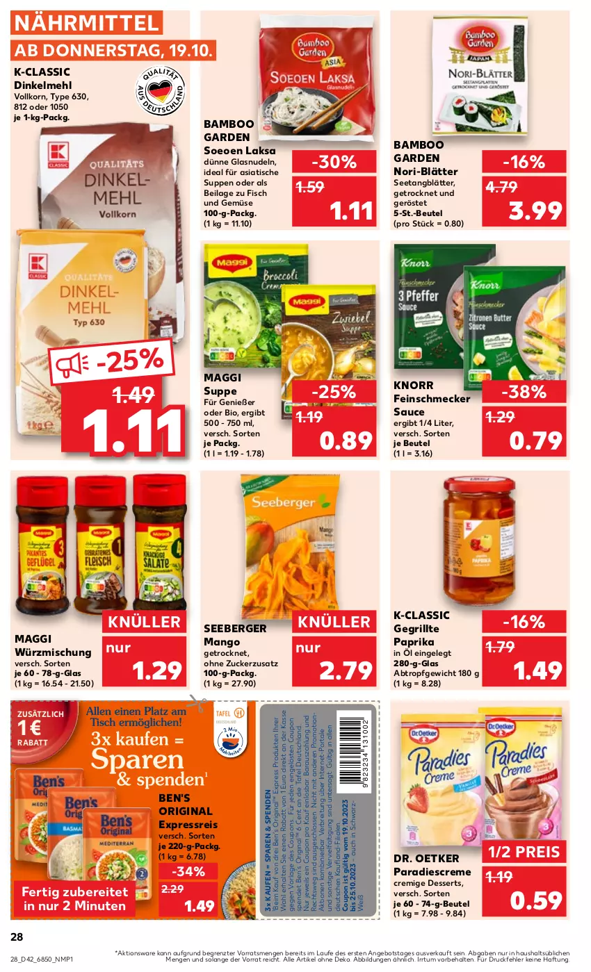 Aktueller Prospekt Kaufland - Prospekt - von 19.10 bis 25.10.2023 - strona 28 - produkty: angebot, bamboo, Berger, beutel, bio, Brei, coupon, coupons, creme, dessert, desserts, dinkelmehl, Dr. Oetker, eis, feinschmecker, fisch, gin, grill, ilag, knorr, korn, maggi, mango, mehl, nudel, nudeln, paprika, reis, sauce, seeberger, suppe, suppen, Ti, tisch, und gemüse, ZTE, zucker