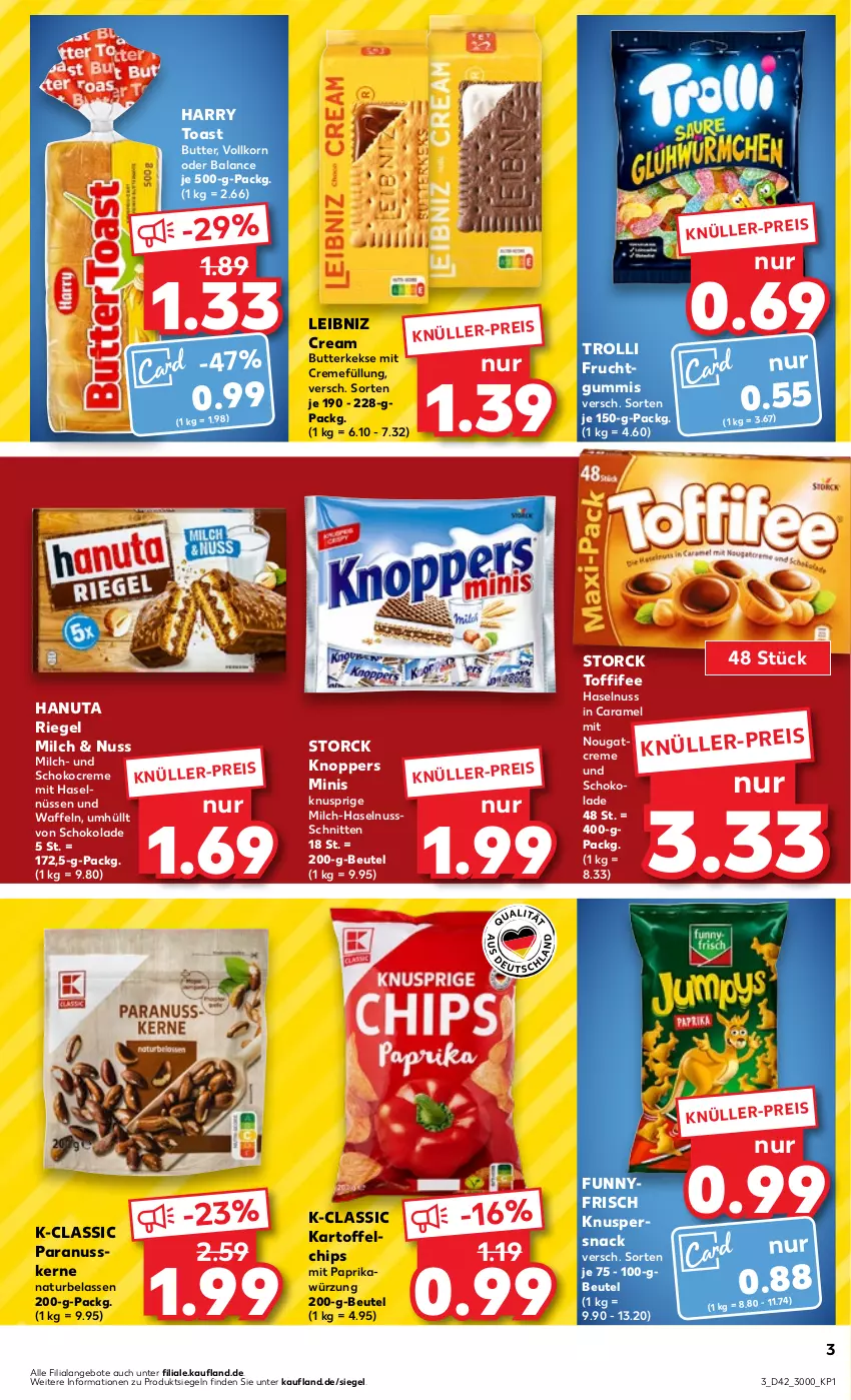 Aktueller Prospekt Kaufland - Prospekt - von 19.10 bis 25.10.2023 - strona 3 - produkty: angebot, angebote, beutel, butter, butterkeks, caramel, chips, creme, eis, frucht, fruchtgummi, fruchtgummis, hanuta, haselnuss, kartoffel, kartoffelchips, keks, kekse, knoppers, korn, leibniz, milch, mit paprika, natur, Nougatcreme, nuss, paprika, Paranusskerne, riegel, schnitten, schoko, schokolade, snack, storck, Ti, toast, toffifee, trolli, trolli fruchtgummi, waffeln