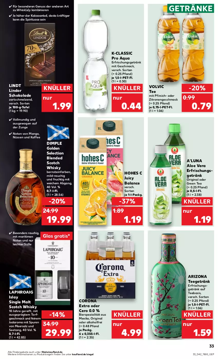 Aktueller Prospekt Kaufland - Prospekt - von 19.10 bis 25.10.2023 - strona 33 - produkty: alkohol, aloe vera, angebot, angebote, aqua, bier, blended scotch, blended scotch whisky, corona, corona extra, erfrischungsgetränk, frucht, getränk, getränke, gin, green tea, Hohes C, islay single malt, kaffee, kakao, laphroaig, lindor, lindt, mac, mango, meersalz, nuss, pfirsich, Rauch, salz, schoko, schokolade, scotch, scotch whisky, single malt, Spezi, tee, Ti, volvic, whisky, zitrone, zitronen