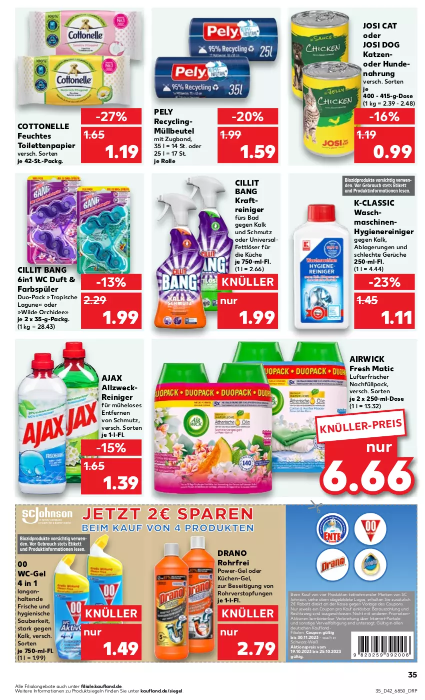 Aktueller Prospekt Kaufland - Prospekt - von 19.10 bis 25.10.2023 - strona 35 - produkty: airwick, ajax, aktionspreis, allzweckreiniger, angebot, angebote, Bad, beutel, Brei, Cillit, cillit bang, Clin, cottonelle, coupon, coupons, eis, elle, Fettlöser, feuchtes toilettenpapier, hundenahrung, kraft, küche, Küchen, lufterfrischer, müllbeutel, orchidee, papier, pely, power-gel, reiniger, reis, Ti, toilettenpapier, topf, waschmaschine, waschmaschinen, wc-gel, weck, WICK, Wild