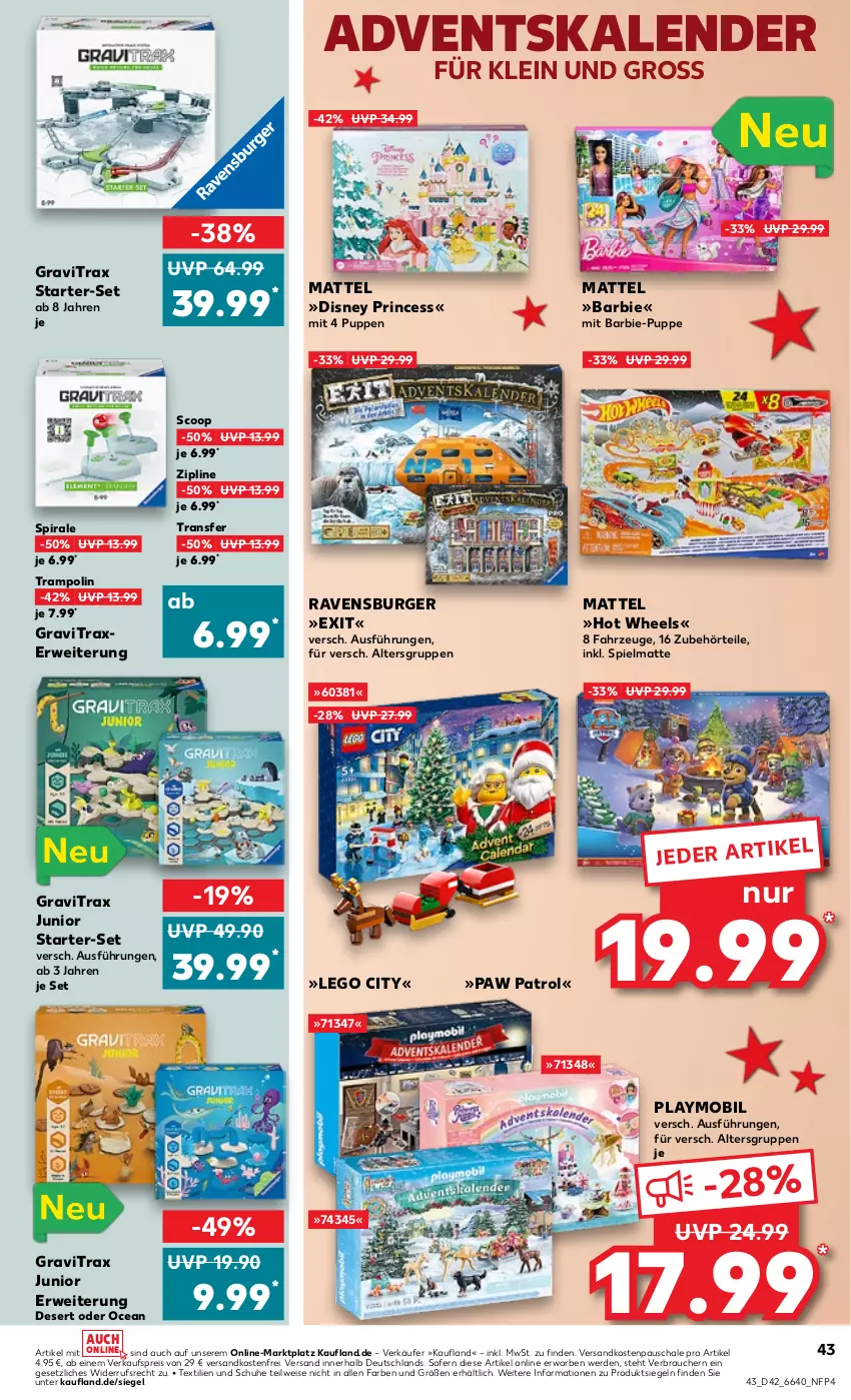 Aktueller Prospekt Kaufland - Prospekt - von 19.10 bis 25.10.2023 - strona 43 - produkty: Adventskalender, axe, Barbie, burger, disney, eis, erde, Hot Wheels, LEGO City, Mattel, ndk, Paw Patrol, playmobil, Puppe, Rauch, ravensburger, reis, rwe, Schal, Schale, schuhe, Ti, Trampolin, versandkostenfrei