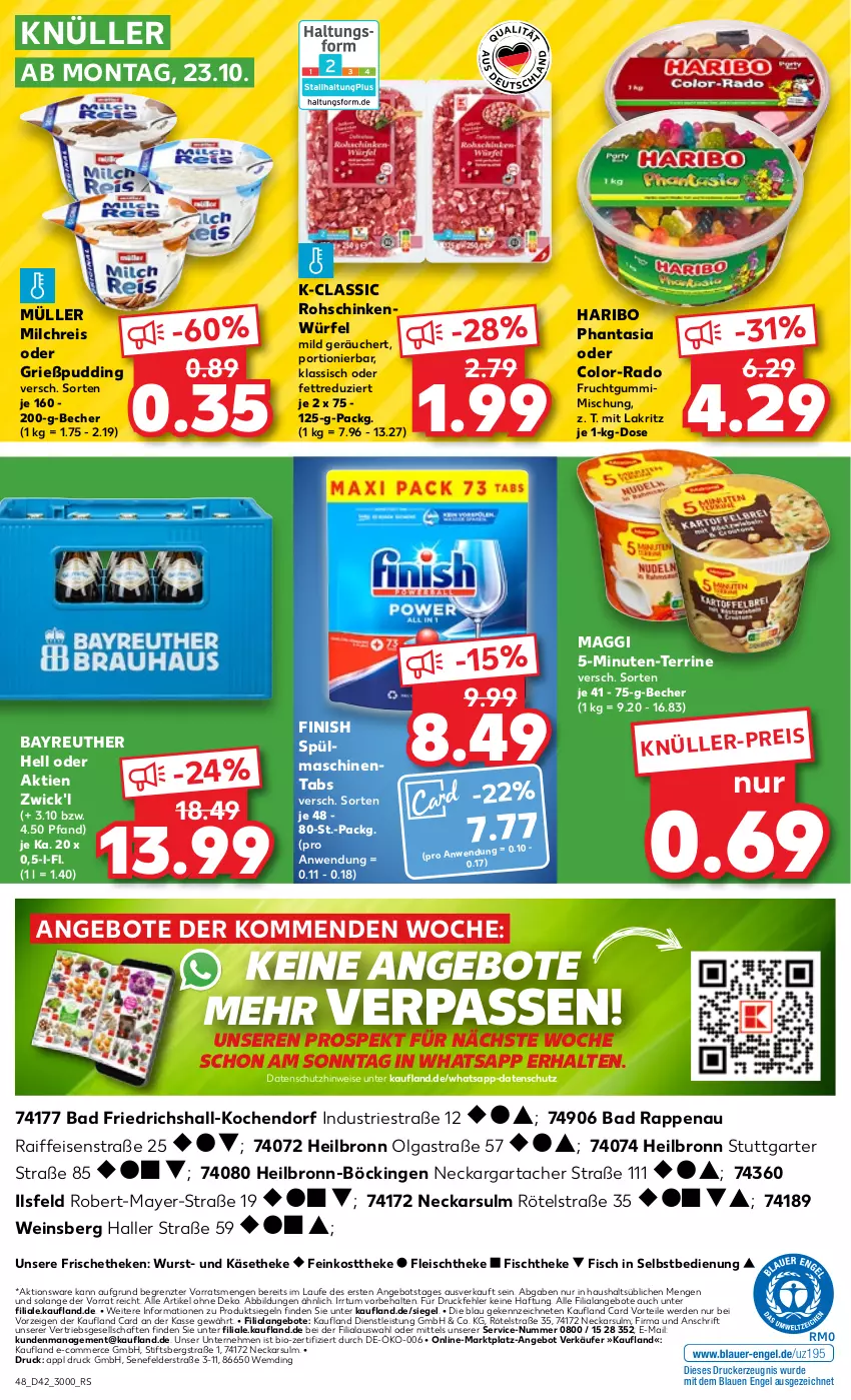 Aktueller Prospekt Kaufland - Prospekt - von 19.10 bis 25.10.2023 - strona 48 - produkty: angebot, angebote, Astra, Bad, Becher, bio, drucker, eis, Engel, erde, feinkost, feinkosttheke, Finish, fisch, fischtheke, fleisch, frucht, fruchtgummi, Grießpudding, haribo, Käse, käsetheke, kerze, Lakritz, LG, maggi, milch, milchreis, Müller, pudding, reis, rohschinken, schinken, spülmaschinen, spülmaschinentabs, terrine, Ti, wein, WICK, würfel, wurst, ZTE