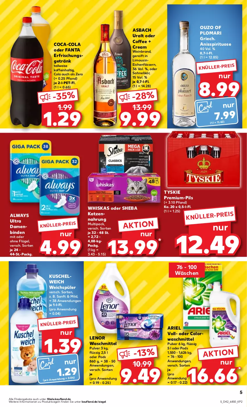 Aktueller Prospekt Kaufland - Prospekt - von 19.10 bis 25.10.2023 - strona 5 - produkty: Alwa, Always, angebot, angebote, ariel, asbach uralt, binden, coca-cola, cola, colorwaschmittel, Damenbinden, eis, erfrischungsgetränk, fanta, getränk, katzennahrung, Kuschelweich, lenor, lenor waschmittel, likör, limo, ouzo, pils, Pods, sahne, sheba, Ti, tyskie, waschmittel, weichspüler, wein, weinbrand, whiskas