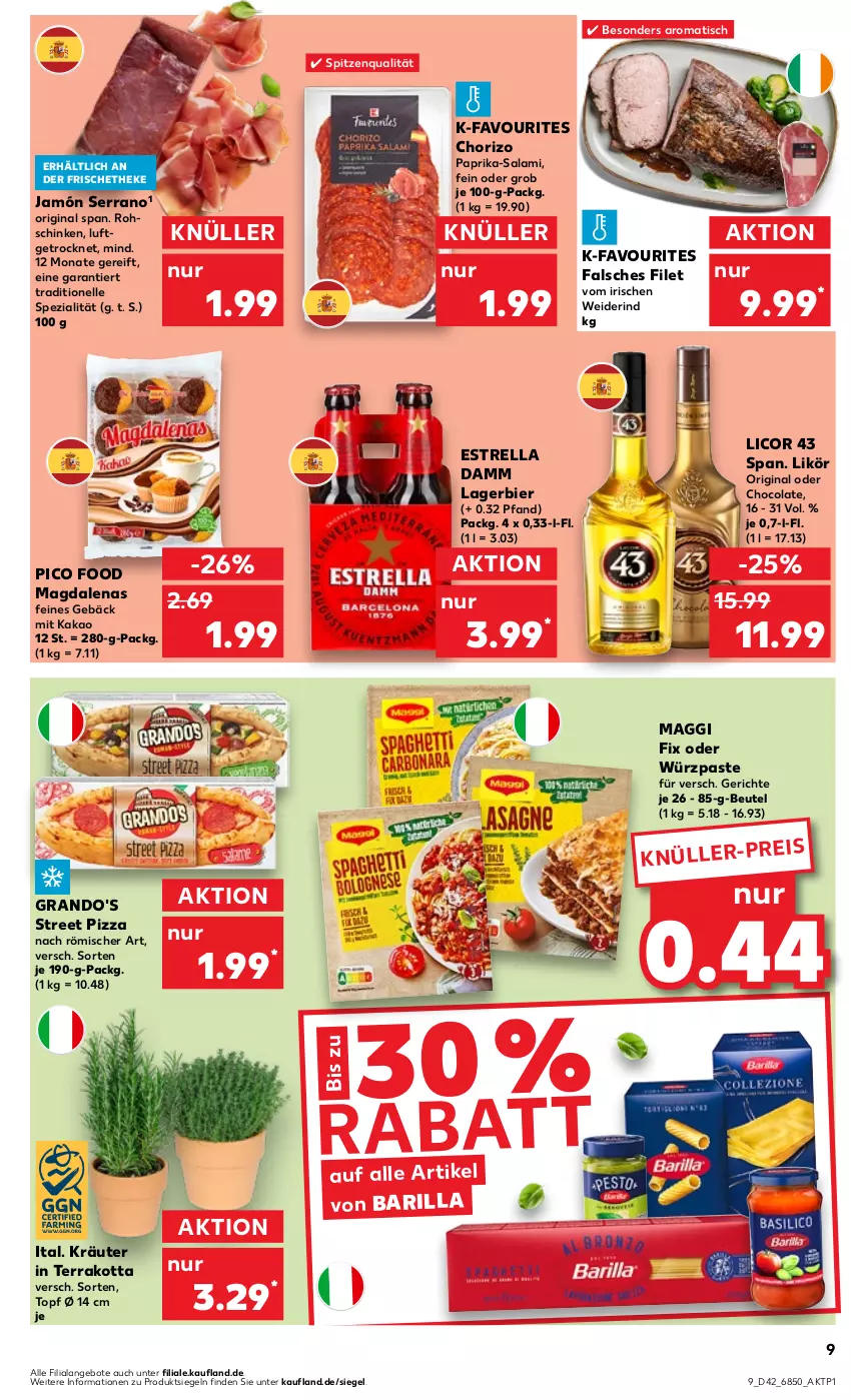 Aktueller Prospekt Kaufland - Prospekt - von 19.10 bis 25.10.2023 - strona 9 - produkty: angebot, angebote, barilla, beutel, bier, chorizo, cola, eis, elle, Estrella Damm, Falsches Filet, filet, gin, jamón serrano, kakao, kräuter, Lagerbier, licor, licor 43, likör, maggi, maggi fix, paprika, pizza, rel, rind, rohschinken, salami, schinken, serrano, Spezi, spitzenqualität, Ti, tisch, topf