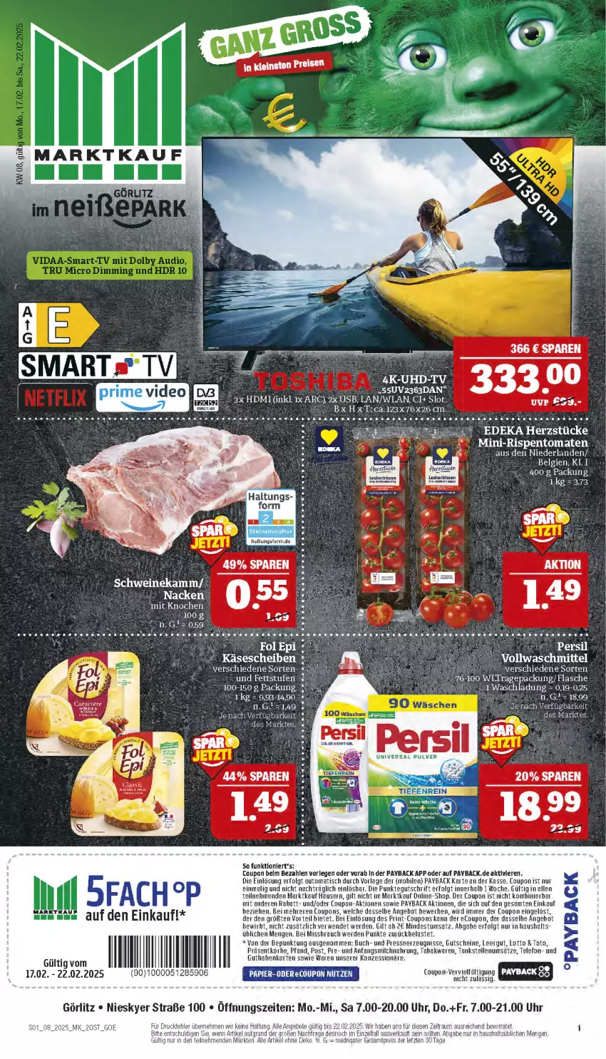 Aktueller Prospekt Marktkauf - Prospekt - von 16.02 bis 22.02.2025 - strona 1 - produkty: angebot, coupon, flasche, HDMI, Käse, käsescheiben, LG, payback, persil, rel, schwein, schweine, Ti, universal pulver, usb, vollwaschmittel, waschmittel, wein, weine