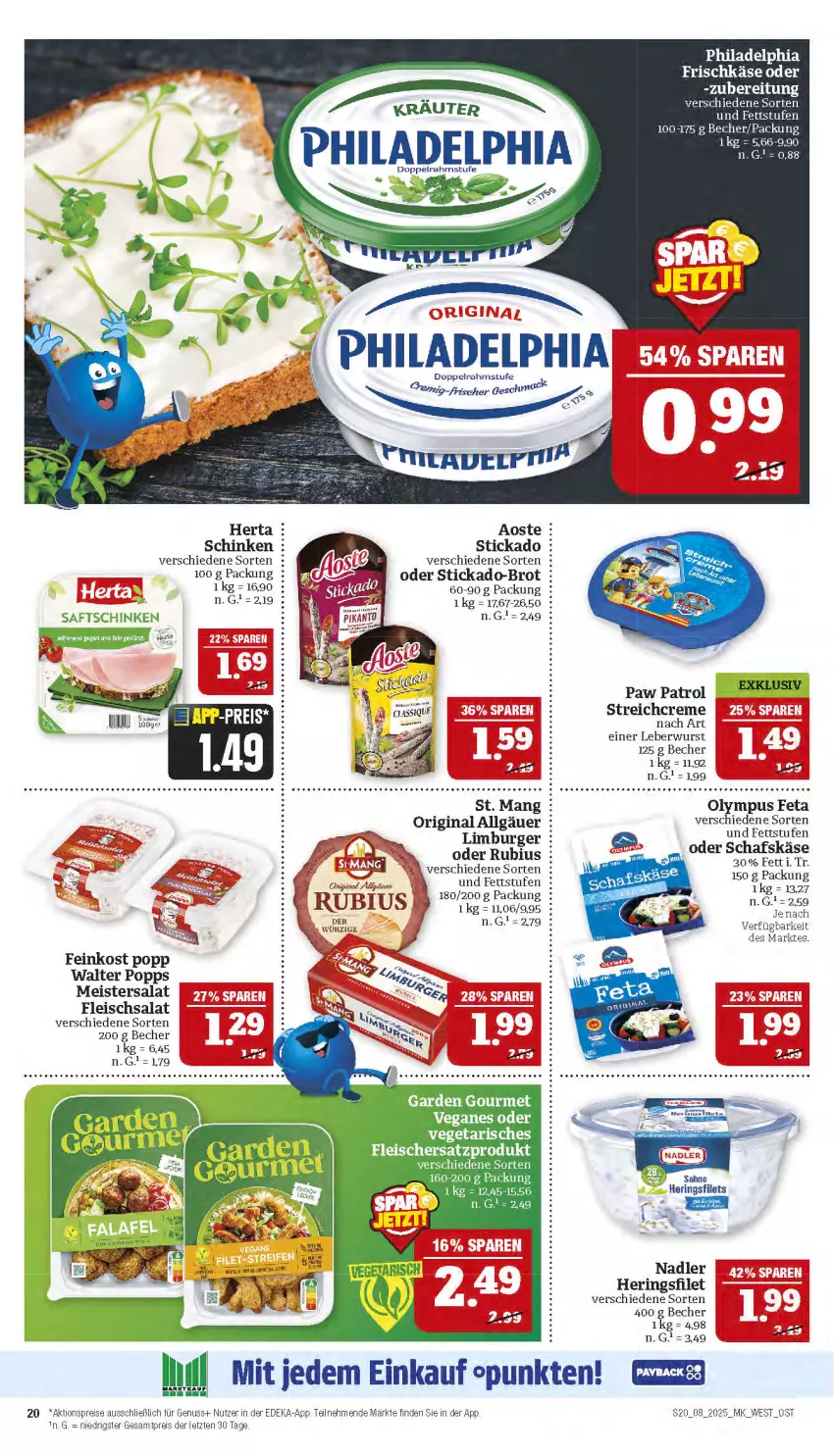 Aktueller Prospekt Marktkauf - Prospekt - von 16.02 bis 22.02.2025 - strona 20 - produkty: aktionspreis, Becher, brot, creme, deka, doppelrahmstufe, eis, feinkost, feta, filet, fleisch, fleischsalat, frischkäse, garden gourmet, gin, hering, Herings, herta, Käse, kräuter, leberwurst, LG, Meister, nadler, nuss, Paw Patrol, philadelphia, Popp, reis, ring, Rubius, saft, saftschinken, salat, schafskäse, schinken, stickado, Ti, wurst, ZTE