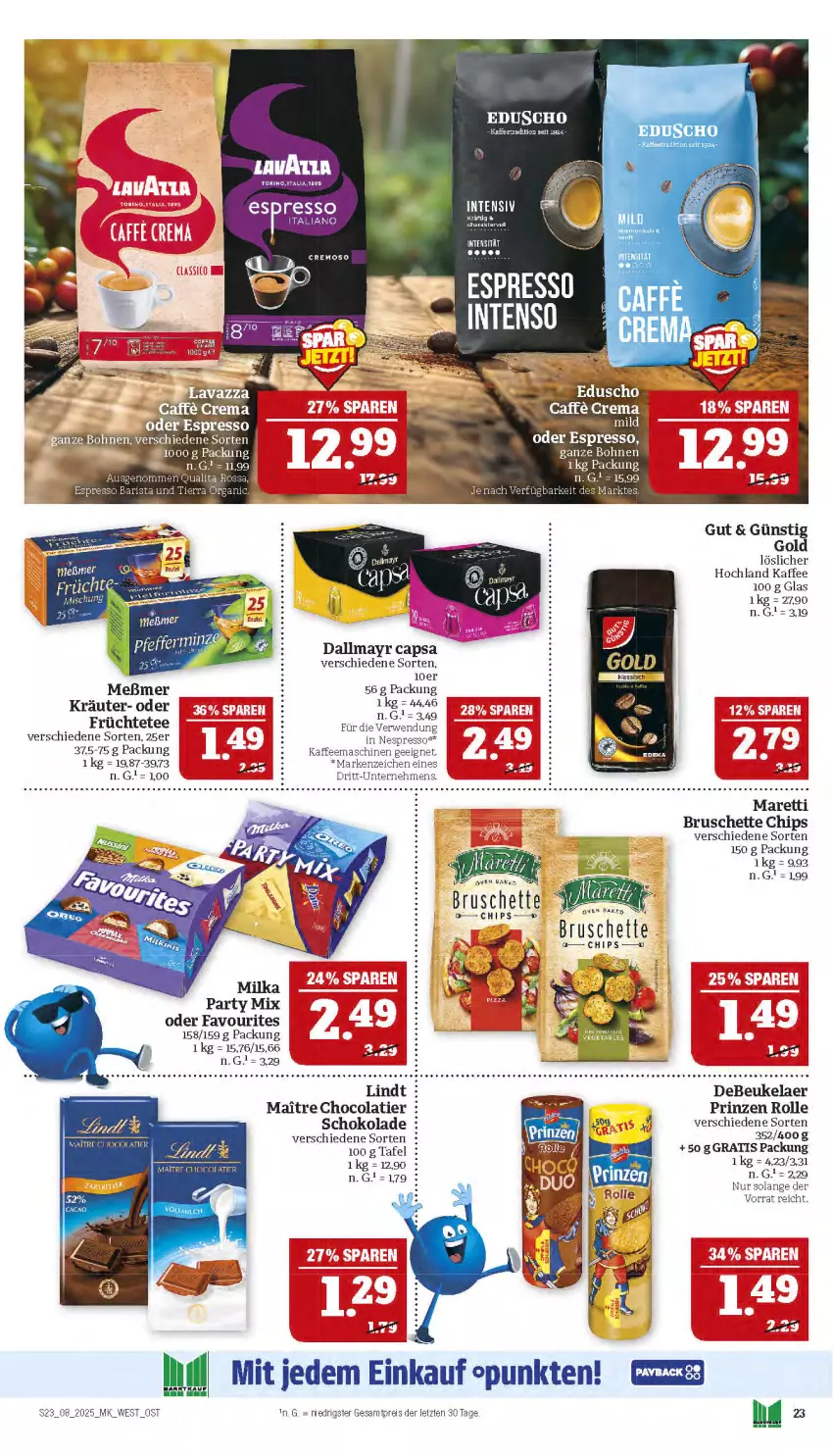 Aktueller Prospekt Marktkauf - Prospekt - von 16.02 bis 22.02.2025 - strona 23 - produkty: bohne, bohnen, Bruschette, Cap, chips, cola, dallmayr, dallmayr capsa, debeukelaer, eduscho, eis, espresso, früchte, Früchtetee, hochland, kaffee, kaffeemaschine, kräuter, lindt, Meßmer, nespresso, prinzen rolle, reis, rwe, schoko, schokolade, tee, Ti, ZTE