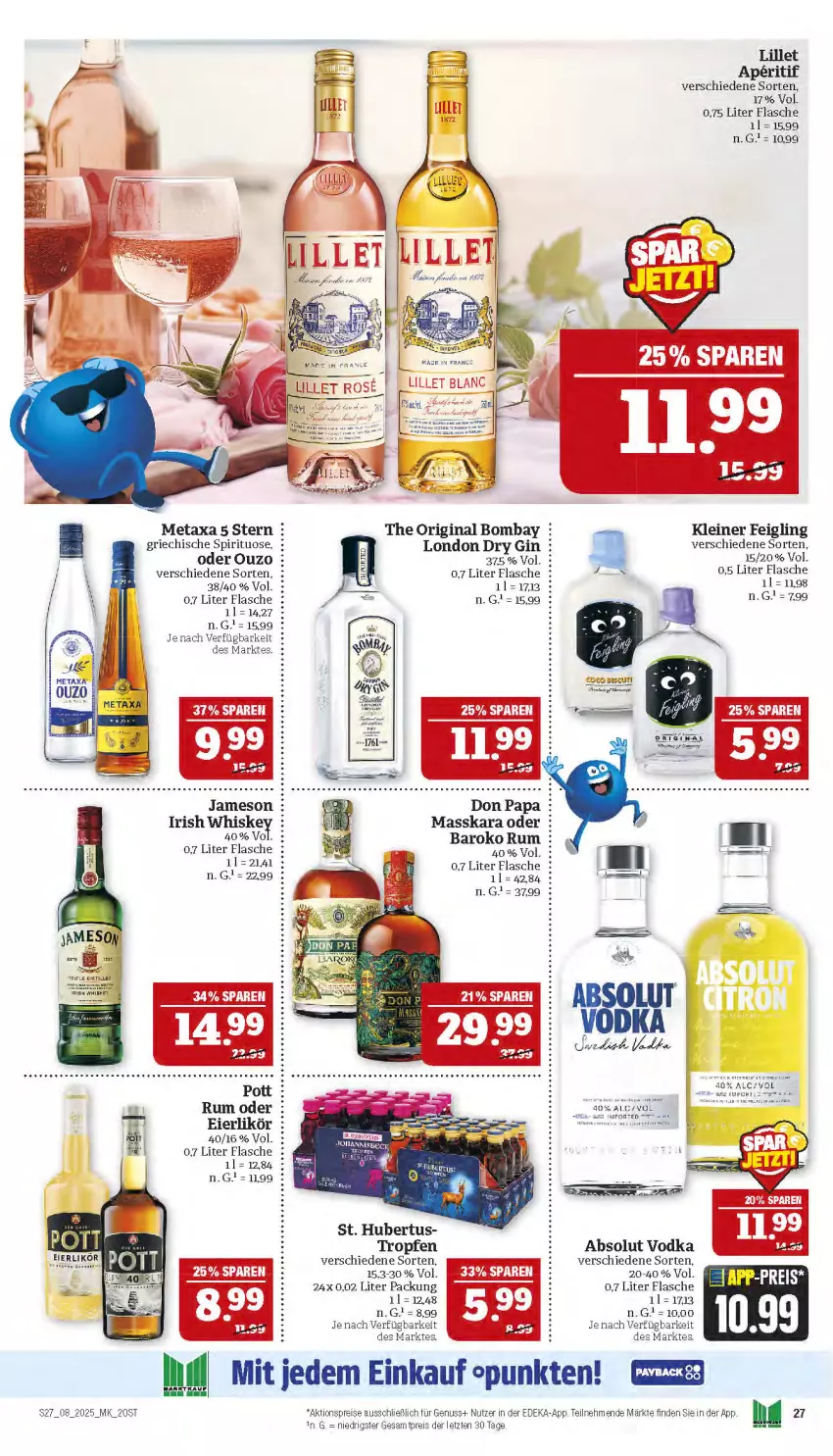 Aktueller Prospekt Marktkauf - Prospekt - von 16.02 bis 22.02.2025 - strona 27 - produkty: Absolut Vodka, aktionspreis, aperitif, deka, dry gin, eier, eierlikör, eis, flasche, gin, jameson, kleiner feigling, leine, likör, lillet, london dry, london dry gin, Metaxa, nuss, ouzo, reis, Ria, rum, Ti, vodka, ZTE