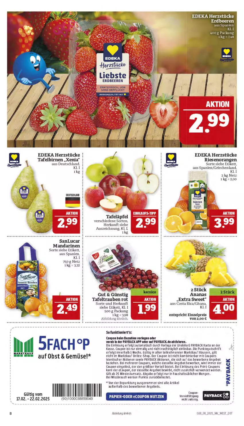 Aktueller Prospekt Marktkauf - Prospekt - von 16.02 bis 22.02.2025 - strona 8 - produkty: ananas, angebot, auto, beere, beeren, Birnen, coupon, coupons, deka, eis, erdbeere, erdbeeren, erde, LG, mandarine, mandarinen, obst, orange, orangen, papier, payback, Rauch, reis, rwe, tafeläpfel, tafelbirnen, tafeltrauben, Ti, tisch, trauben, Yo