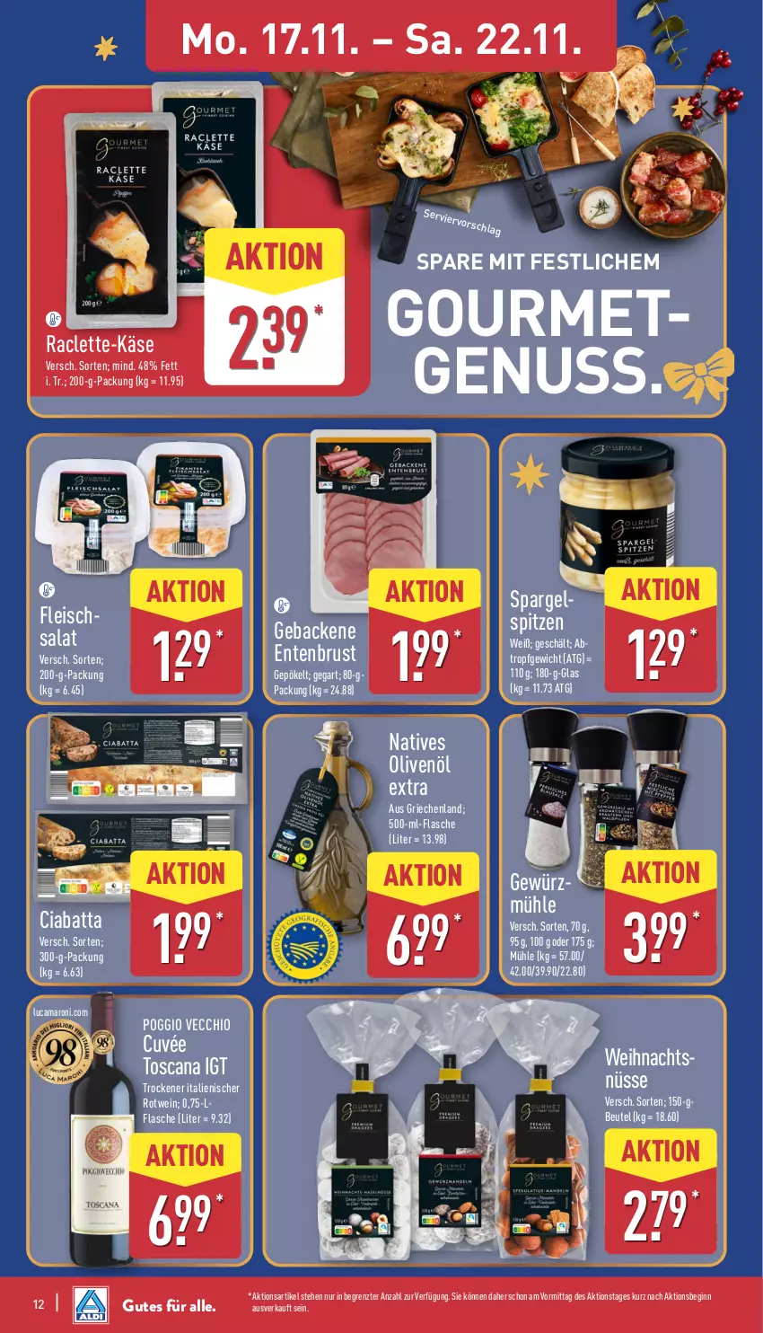 Aktueller Prospekt Aldi Nord - Von Montag - von 17.11 bis 22.11.2025 - strona 12 - produkty: amaro, beutel, ciabatta, cuvée, eis, ente, Entenbrust, flasche, fleisch, fleischsalat, geback, Gebackene Entenbrust, gewürz, Gewürzmühle, gin, Käse, natives olivenöl, nuss, olive, oliven, olivenöl, olivenöl extra, rotwein, salat, spargel, Ti, wein, ZTE