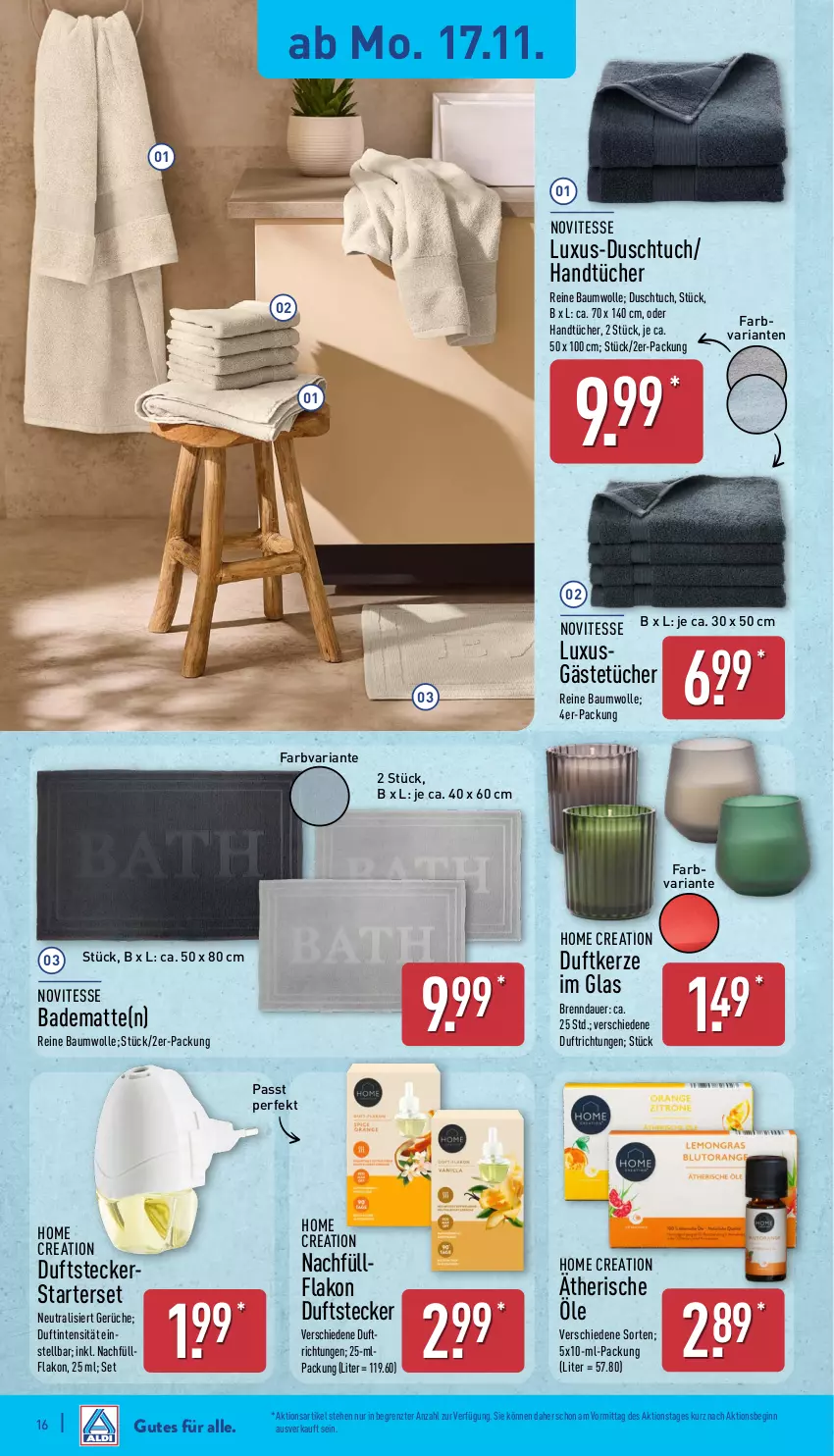 Aktueller Prospekt Aldi Nord - Von Montag - von 17.11 bis 22.11.2025 - strona 16 - produkty: auer, Bad, badematte, Bau, baumwolle, Duftkerze, duschtuch, Gästetücher, gin, handtücher, kerze, reine baumwolle, Ria, Ti, tuc, tücher, wolle, ZTE