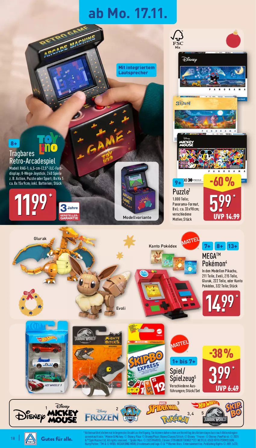 Aktueller Prospekt Aldi Nord - Von Montag - von 17.11 bis 22.11.2025 - strona 18 - produkty: batterie, batterien, dell, disney, elle, ente, gin, lautsprecher, Mode, netflix, Puzzle, rama, Ria, Spiele, spielzeug, Sport, Ti, ZTE