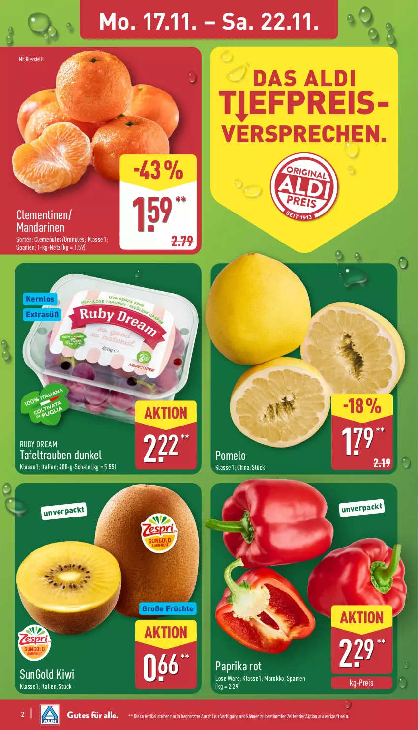 Aktueller Prospekt Aldi Nord - Von Montag - von 17.11 bis 22.11.2025 - strona 2 - produkty: aldi, clementinen, eis, früchte, kiwi, kiwifruit, mandarine, mandarinen, paprika, paprika rot, Pomelo, reis, Schal, Schale, tafeltrauben, Ti, trauben, ZTE
