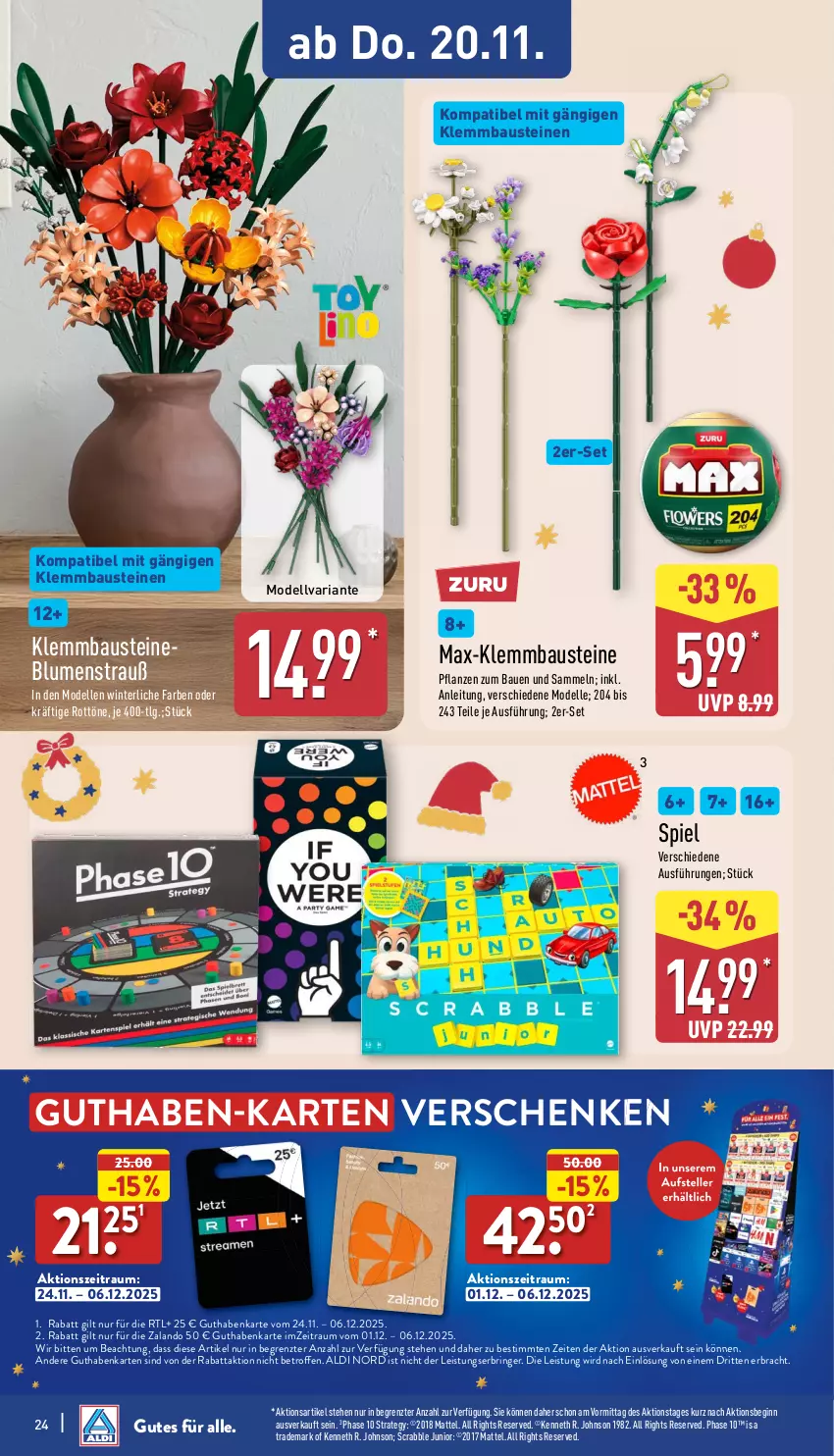 Aktueller Prospekt Aldi Nord - Von Montag - von 17.11 bis 22.11.2025 - strona 24 - produkty: aldi, aust, Bau, blume, blumen, Blumenstrauß, dell, eis, elle, gin, guthabenkarte, LG, Mattel, Mode, pflanze, pflanzen, Ria, ring, teller, Ti, ZTE