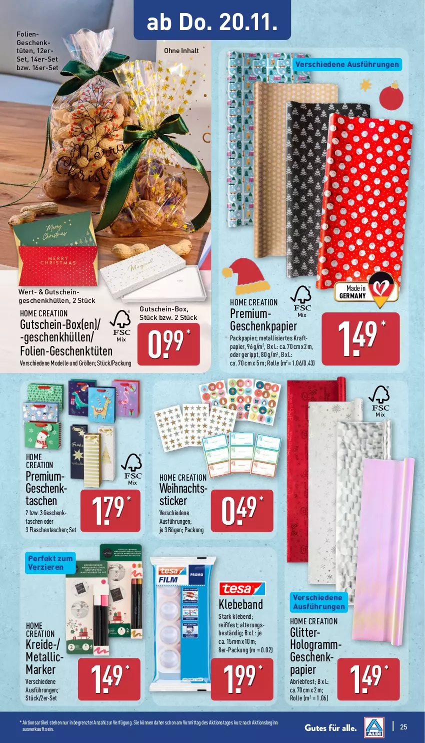 Aktueller Prospekt Aldi Nord - Von Montag - von 17.11 bis 22.11.2025 - strona 25 - produkty: Beba, brie, dell, elle, flasche, Germ, Geschenkpapier, Geschenktasche, gin, gutschein, kraft, Kreide, Mode, Packpapier, papier, Tasche, taschen, Ti, Tüte, ZTE