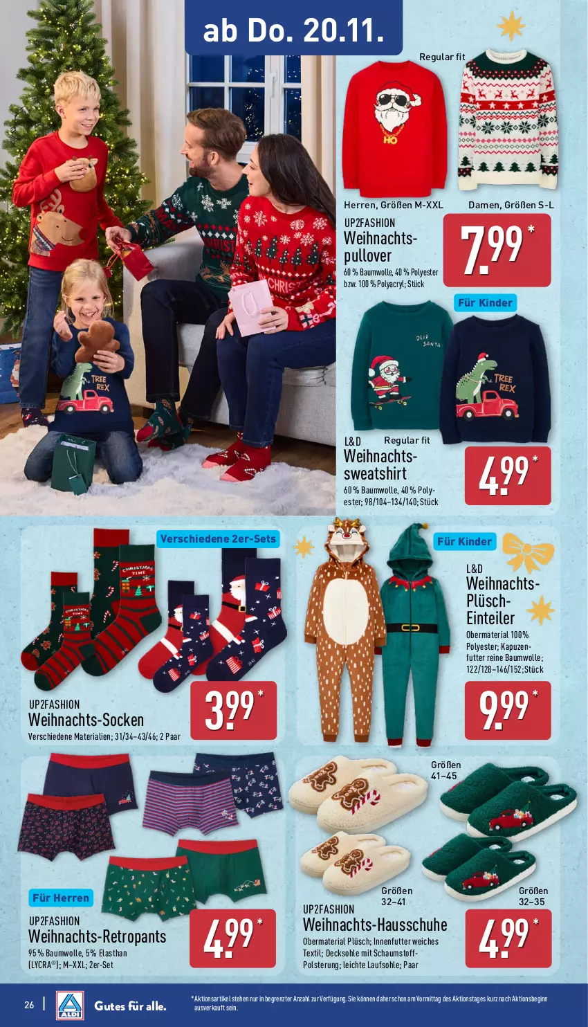 Aktueller Prospekt Aldi Nord - Von Montag - von 17.11 bis 22.11.2025 - strona 26 - produkty: Bau, baumwolle, decksohle, Einteiler, gin, Hausschuhe, Kinder, Pants, Plüsch, Pullover, reine baumwolle, Retropants, Ria, schuhe, shirt, socken, Sweatshirt, Ti, up2fashion, wolle, ZTE