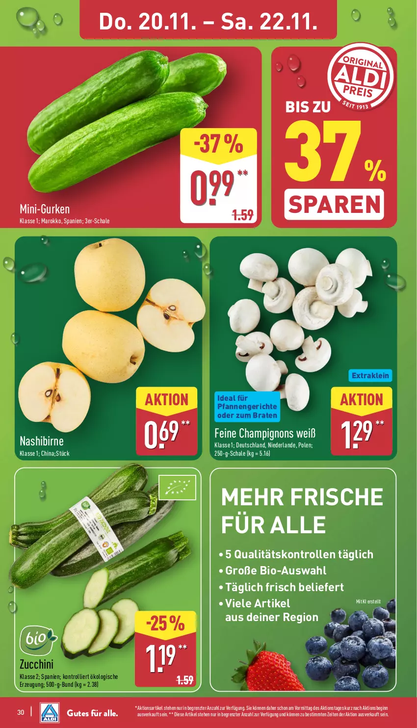 Aktueller Prospekt Aldi Nord - Von Montag - von 17.11 bis 22.11.2025 - strona 30 - produkty: bio, braten, champignon, champignons, gin, gurke, gurken, mini-gurken, Nashi, pfanne, pfannen, Schal, Schale, Ti, trolli, ZTE, zucchini