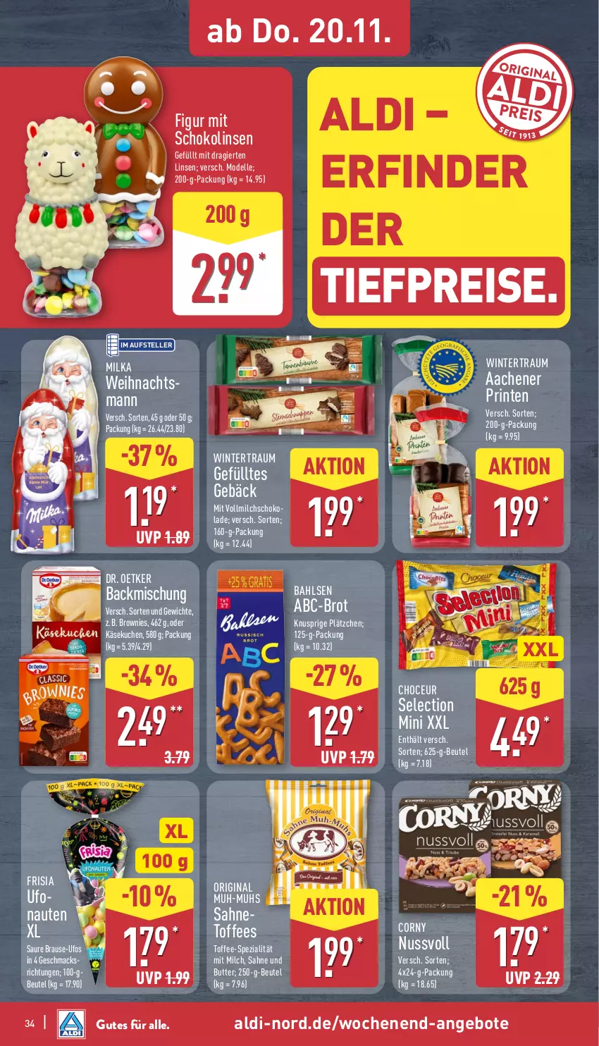 Aktueller Prospekt Aldi Nord - Von Montag - von 17.11 bis 22.11.2025 - strona 34 - produkty: aldi, angebot, angebote, backmischung, bahlsen, beutel, brause, brot, brownie, brownies, butter, corny, dell, Dr. Oetker, eis, elle, gin, Käse, käsekuchen, kuchen, Lätzche, linsen, mac, milch, milka, Mode, nuss, reis, sahne, schoko, schokolade, Schokolinsen, Spezi, teller, Ti, tiefpreis, vollmilch