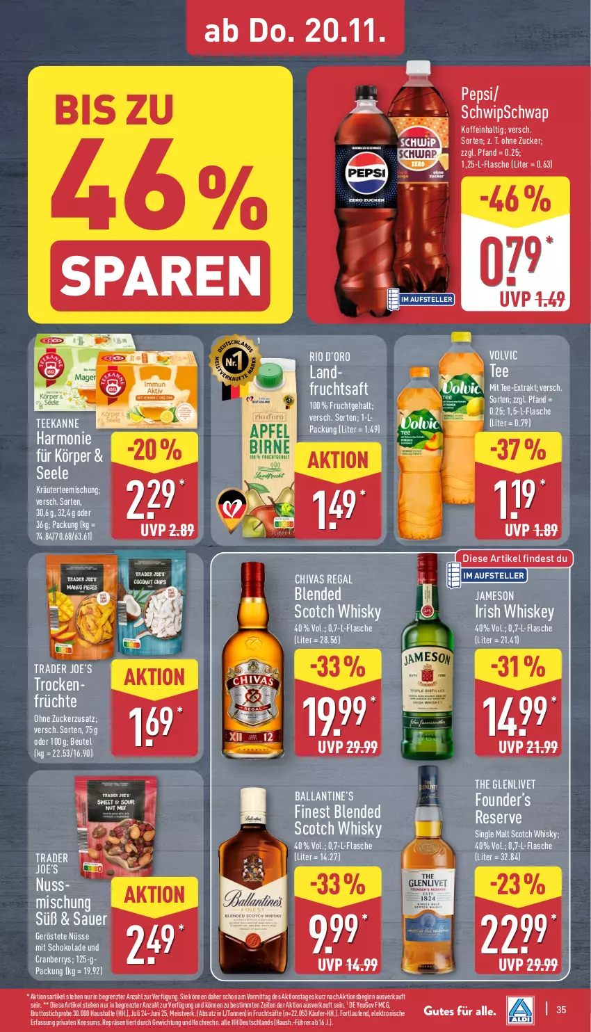 Aktueller Prospekt Aldi Nord - Von Montag - von 17.11 bis 22.11.2025 - strona 35 - produkty: auer, ball, beutel, blended scotch, blended scotch whisky, brut, cranberry, eis, Elektro, elle, flasche, frucht, früchte, fruchtsaft, fruchtsäfte, gin, HP, irish whiskey, jameson, kräuter, Laufen, nuss, pepsi, regal, saft, säfte, schoko, schokolade, scotch, scotch whisky, single malt, tee, teekanne, teller, Ti, Trockenfrüchte, volvic, whiskey, whisky, Yo, ZTE, zucker