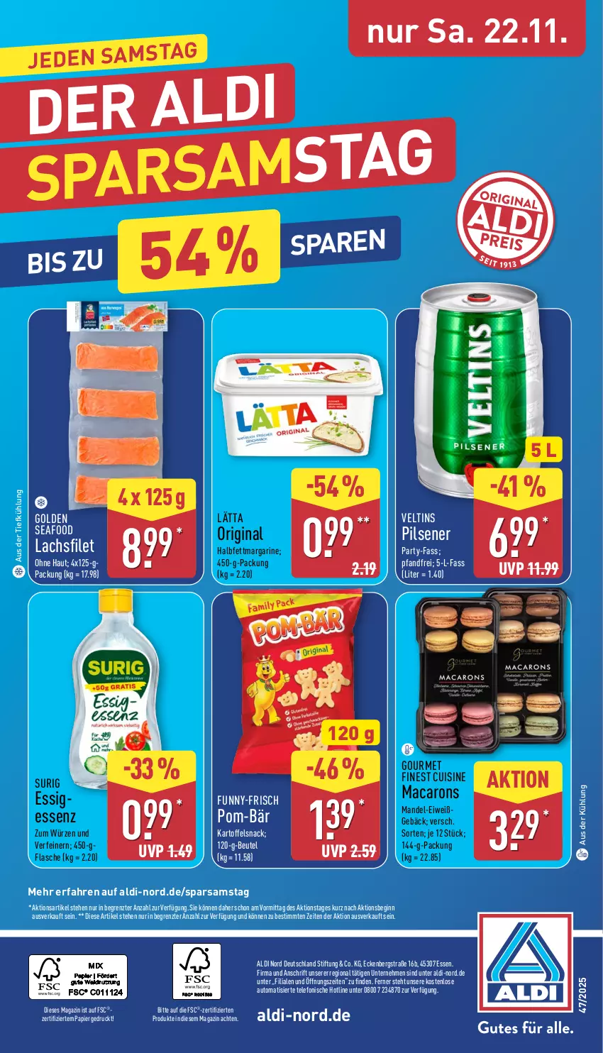 Aktueller Prospekt Aldi Nord - Von Montag - von 17.11 bis 22.11.2025 - strona 36 - produkty: aldi, aus der tiefkühlung, auto, beutel, essig, filet, flasche, funny-frisch, gin, halbfettmargarine, kartoffel, lachs, lachsfilet, lätta, mac, Macarons, magazin, mandel, margarine, papier, pils, pilsener, pom-bär, snack, telefon, Ti, veltins, veltins pilsener, ZTE