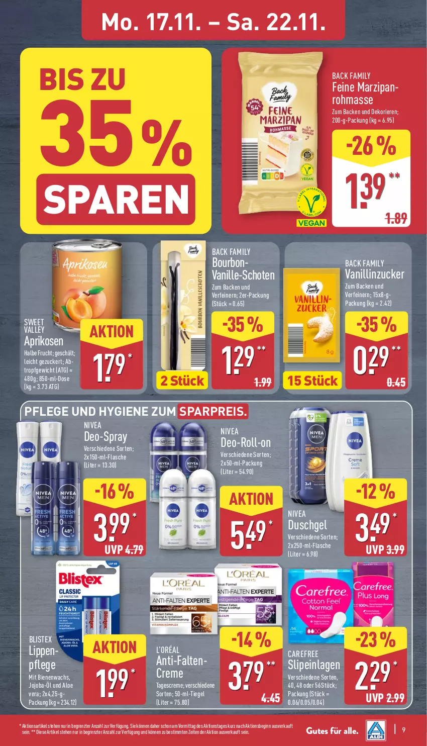 Aktueller Prospekt Aldi Nord - Von Montag - von 17.11 bis 22.11.2025 - strona 9 - produkty: aloe vera, aprikose, aprikosen, bourbon, bourbonvanille, carefree, creme, deo, duschgel, eis, flasche, frucht, gin, Lippenpflege, marzipan, nivea, reis, roll-on, slip, slipeinlagen, tagescreme, Ti, vanille, ZTE, zucker